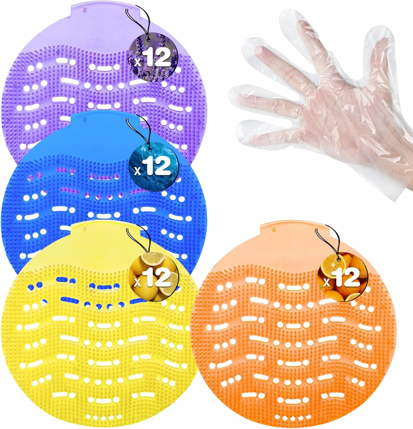 48 Pack Urinal Deodorizer Screen with 100 Gloves, 3D Wave Anti-Splash Odor Protection Urinal Cakes for Men Toilets Dry Wet Urinal Deodorant Bathroom Office Mall Hotel Four Scents Urinal Mats
