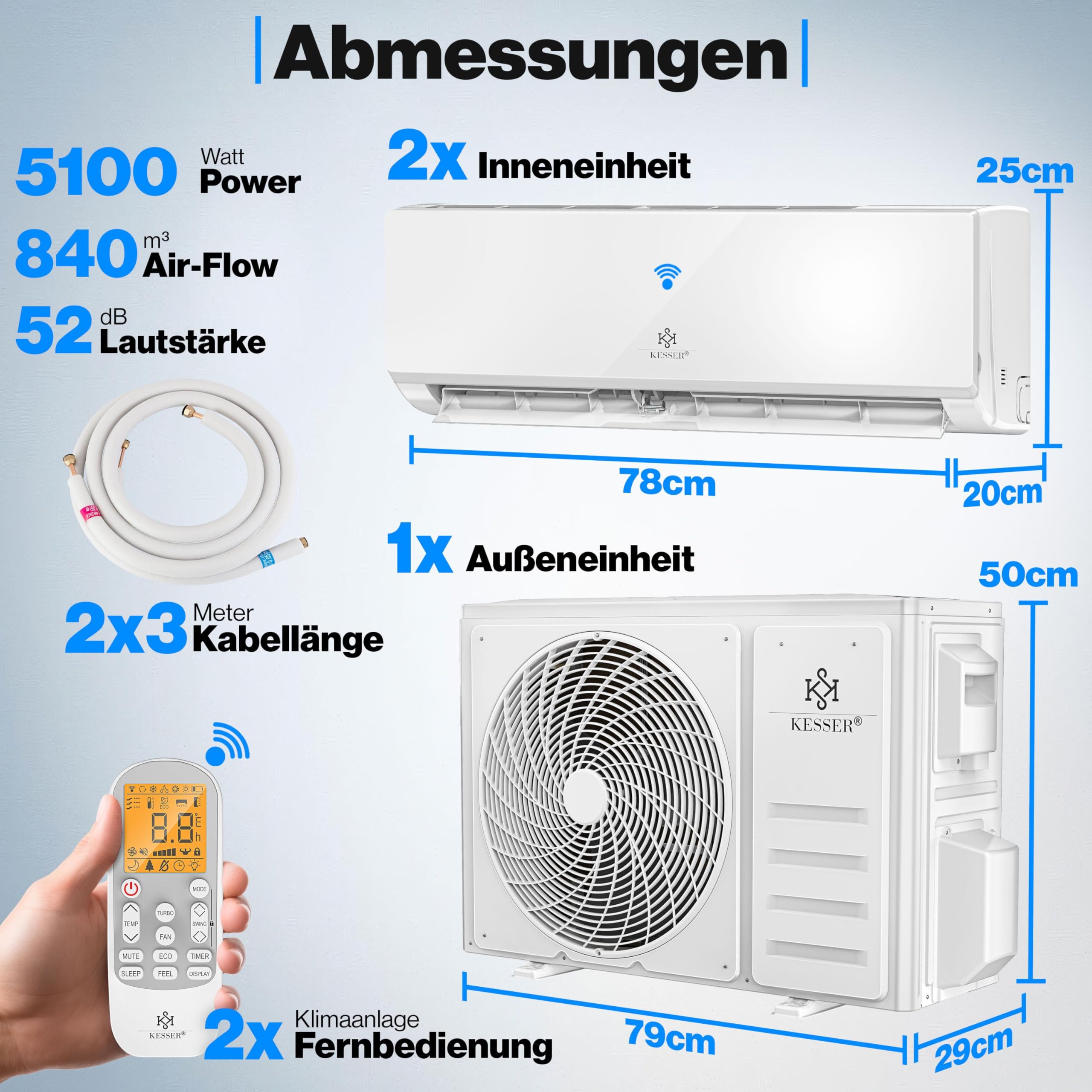 KESSER Multisplit Klimaanlage 2 Innengeräte 18000 BTU Split Klimagerät Set WiFi App Heizen Kühlen Inverter R32