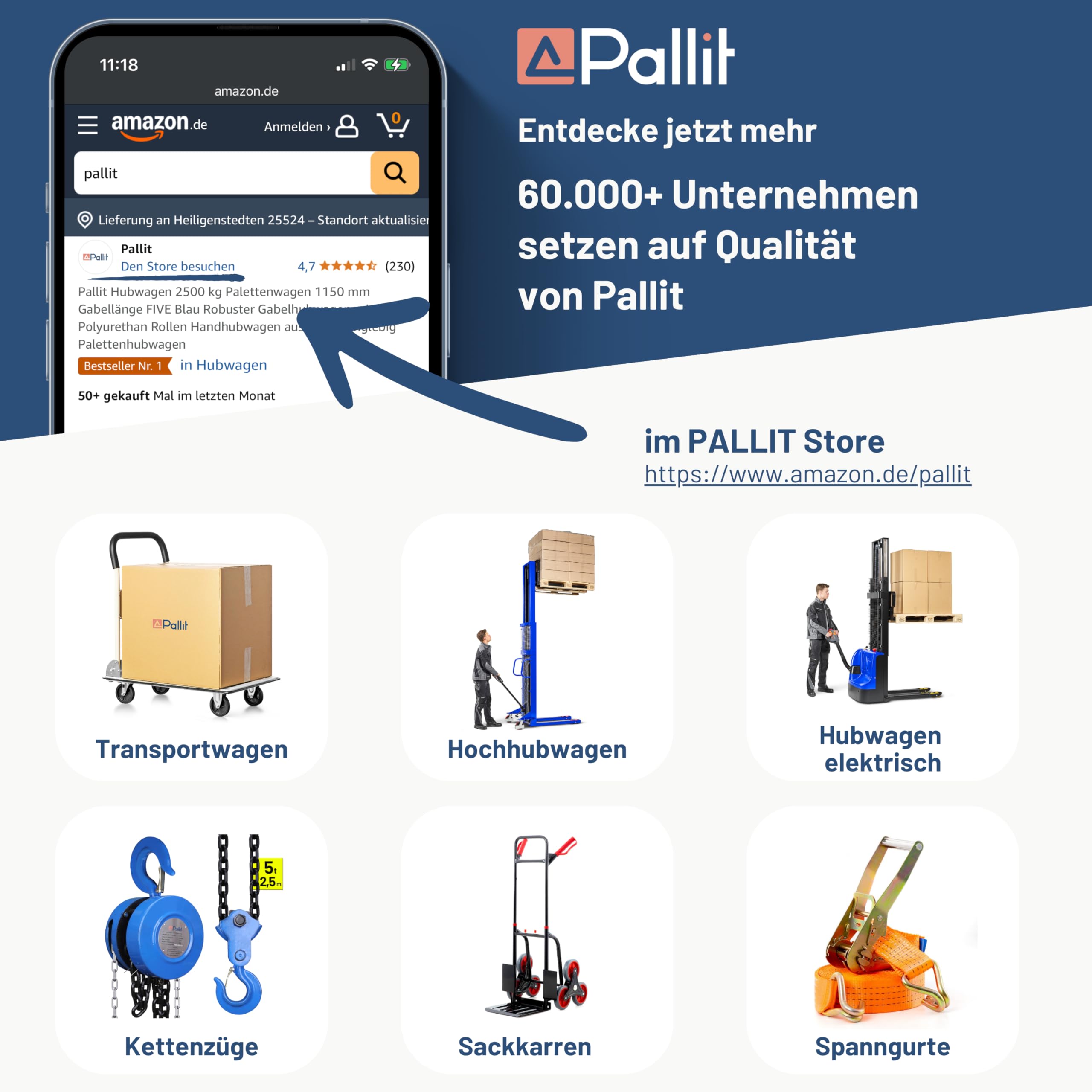 Pallit Hubwagen 2500 kg Palettenwagen 1150 mm Gabellänge PU Rollen Robuster Gabelhubwagen mit PU Polyurethan Rollen Handhubwagen aus Stahl, langlebig Palettenhubwagen SIX