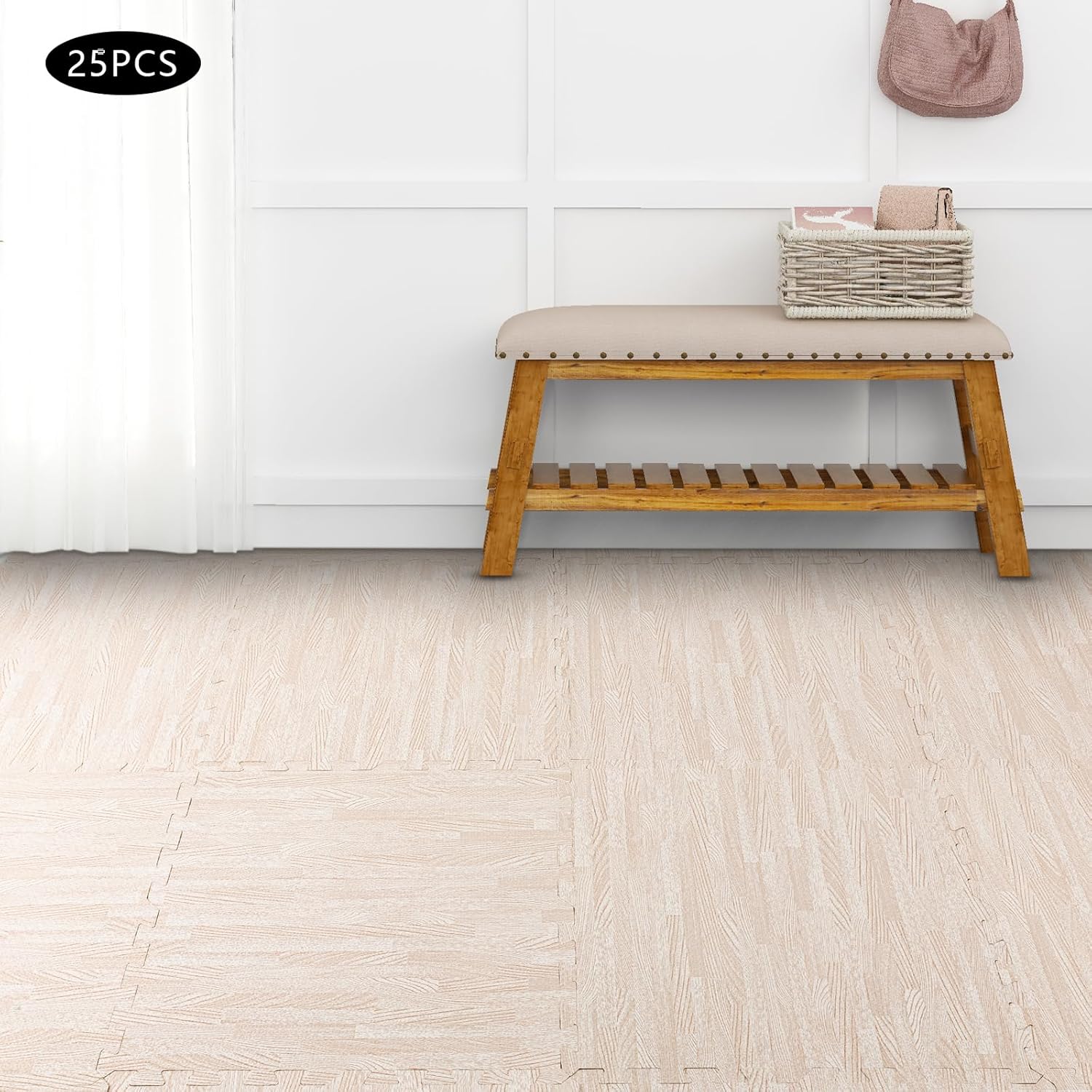25PCS (97 SQ Ft) Thick Printed Foam Tiles, 24"x24" Patchwork Foam Mat, White Wood Grain Style Protective Flooring, Foam Floor Tiles Exercise Mat for Home, Gym Exercise or Trade Show