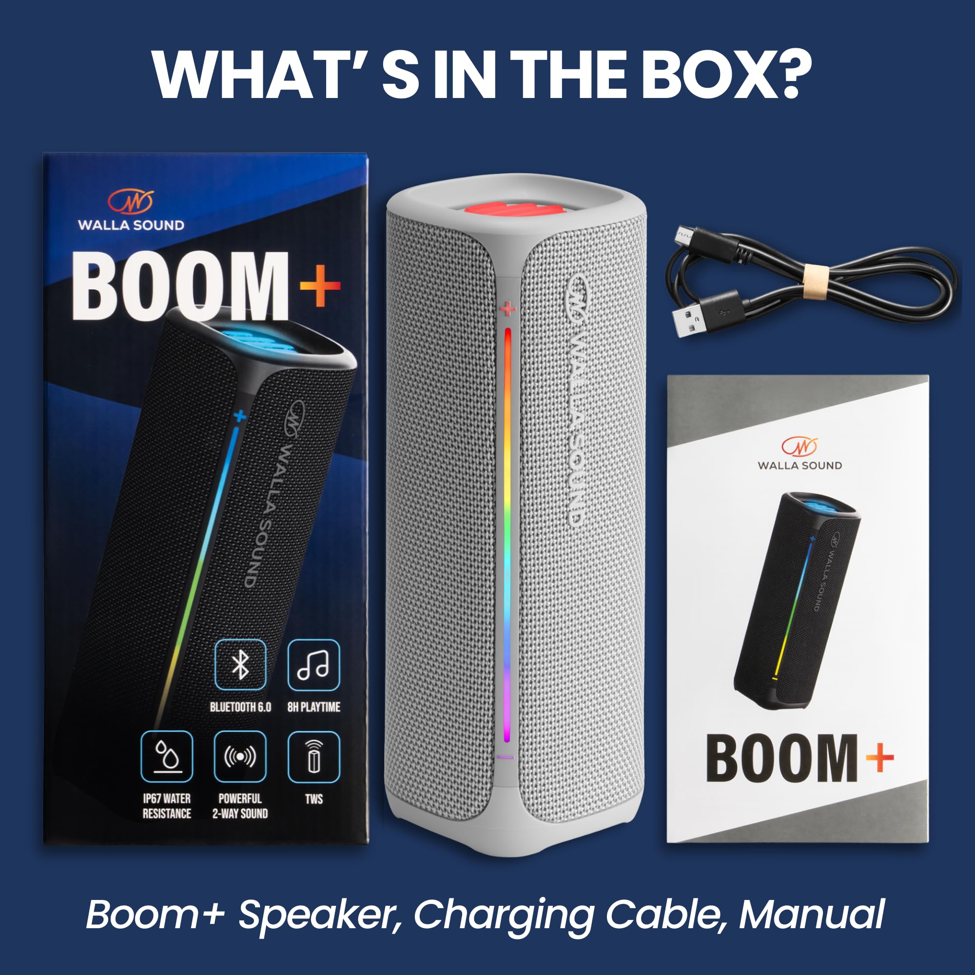 Walla Boom+ - Altavoz Bluetooth portátil - Audio de alta potencia de 20 W, IP67 impermeable, emparejamiento TWS, carga USB-C, 8 horas de reproducción, Bluetooth 6.0, diseñado para interiores y