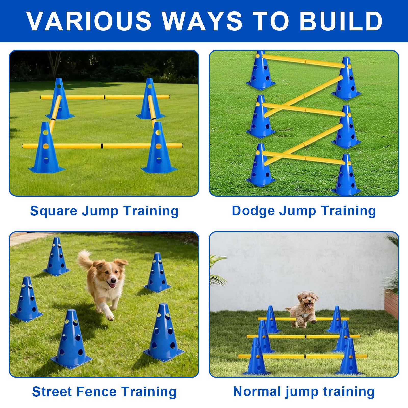 Agility Set Cani Piccoli Cavaletti Cani Set Agility Accessori per Addestramento Cani Cavalli, Set di ostacoli per Cani, Set di 10 Coni, 5 Barre per Esercizi di Allenamento