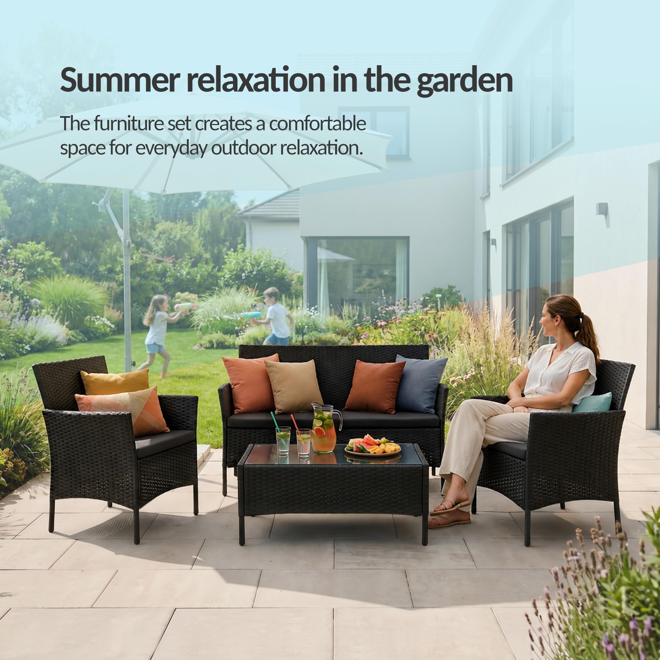 POKAR Set Giardino Rattan Grigio con Cuscini Seduta Grigio | Set 4 Pezzi, Divano 101x54x85, 2x Poltrona 58x54x85, Tavolino 68x42x38 cm, Resina Intrecciata, Metallo | Terrazzo e Patio
