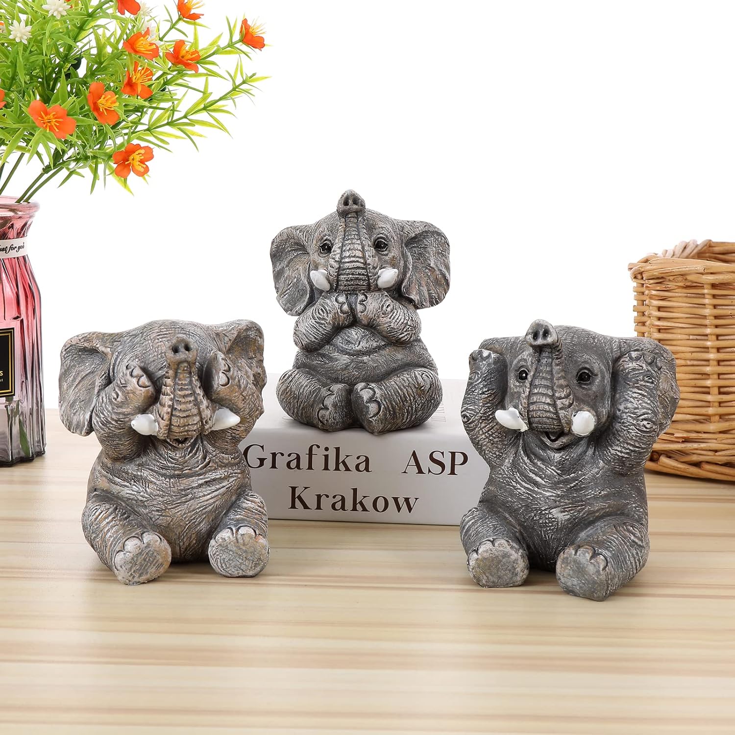 Set of 3 Elephant Statues Home Décor, Cute Figurines for Shelf, Living Room Bedroom Office Desktop, Bookshelf, Animal Sculptures Gifts,Small Decor Accents Items for Elephant Lover