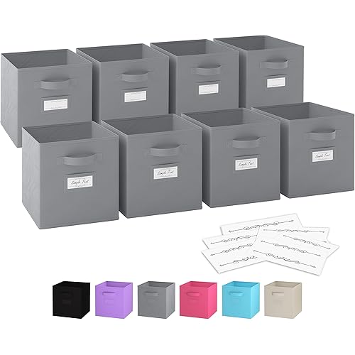 Royexe 11 Inch Storage Cubes (Set of 8) Storage Baskets | Features Dual Handles & 10 Label Window Cards | Cube Storage Bins | Foldable Fabric Closet Shelf Organizer | Drawer Organizers Storage (Grey)