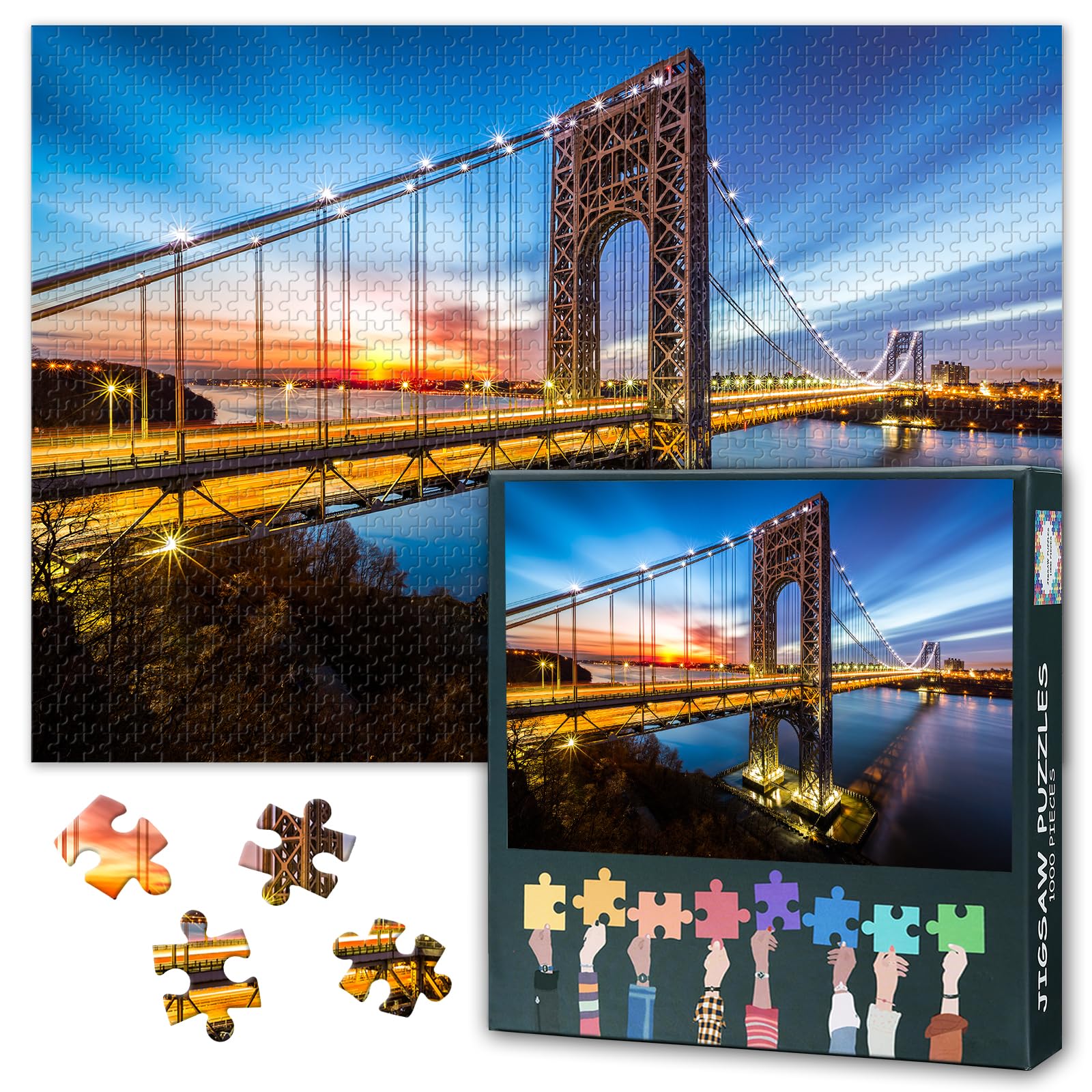 1000 Piece Jigsaw Puzzle for Adults George Washington Bridge at Sunrise Fort Lee NJ Suspension Bridge New York Skyline Scenic Puzzle Wall Art Decor 27.5x19.7 Inch