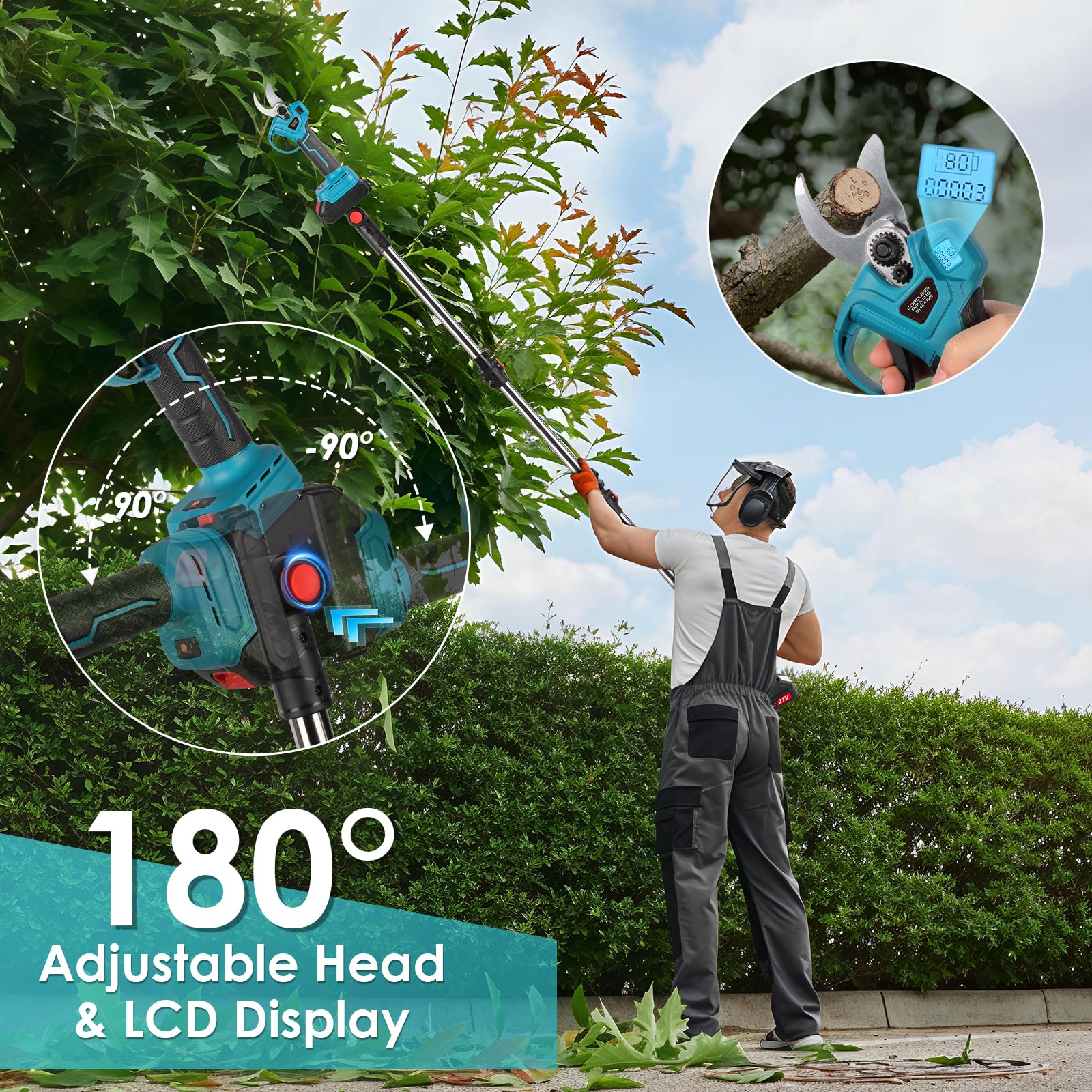 Tijeras de Podar Eléctricas con Pértiga Telescópica 2,6 m Cabezal 180° | Corte de 35 mm, 2 baterías 2.0Ah, ideal para jardín, árboles altos y ramas gruesas