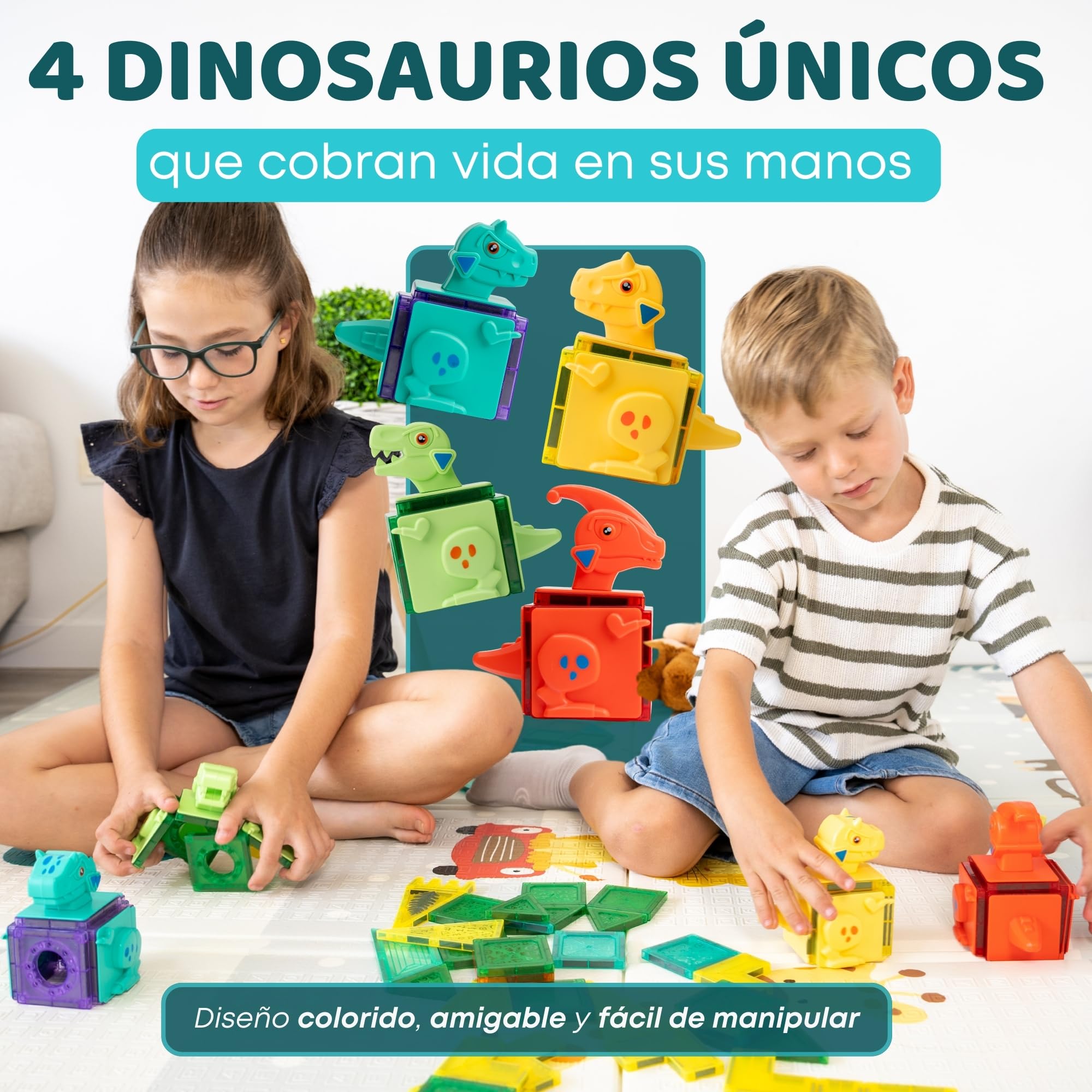 100 Piezas Magneticas para Niños – Bloques Magnéticos de Construcción con Figuras de Dinosaurios y Tiranosaurio Rex – Juego Imanes Niños 3 a 8 Años, Estimula Creatividad sin Pantallas