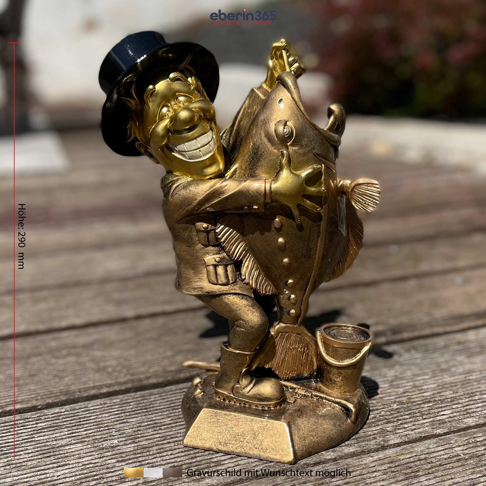 Angeln Pokal 29 cm - Große Angler Trophäe Figur mit Fisch - Altgold | Resin Ehrenpreis für Angelvereine, inkl. Gravurschild 60x25 mm mit Wunschtext für individuelle Siegerehrungen geeignet