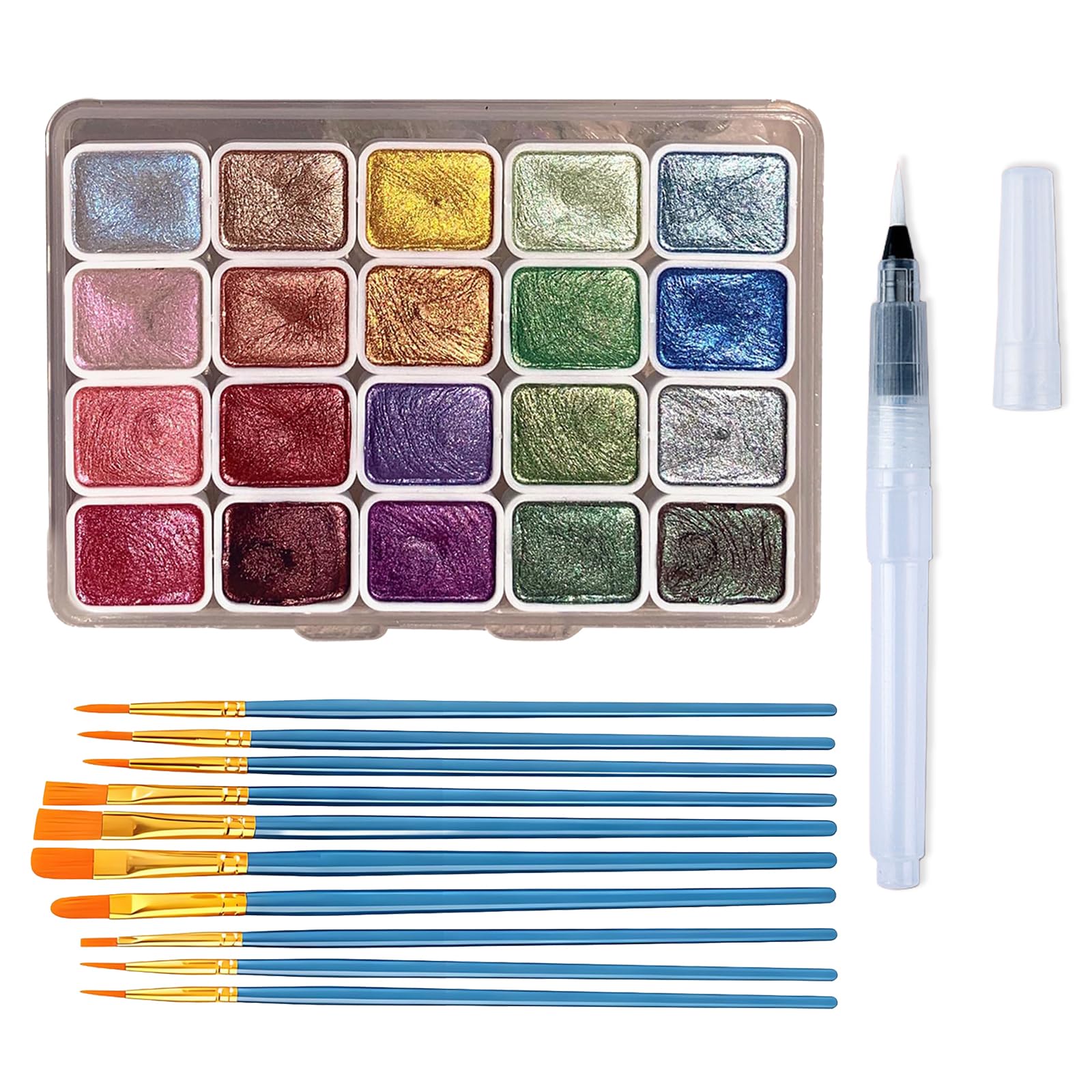 pozuauoa 12Pcs Watercolour Paint Set Pearlescent Watercolour Paints with 11pcs Paintbrushes, Portable Water Colour Paints Sets for Beginners and Painting Enthusiasts Solid Glitter Watercolor Paint