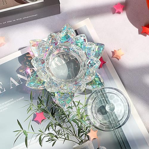 Miniatura 2 de OwnMy Plato de cristal de loto con tapa, soporte para velas de té de cristal, pétalo de loto, soporte para velas, plato de monómero de flor de