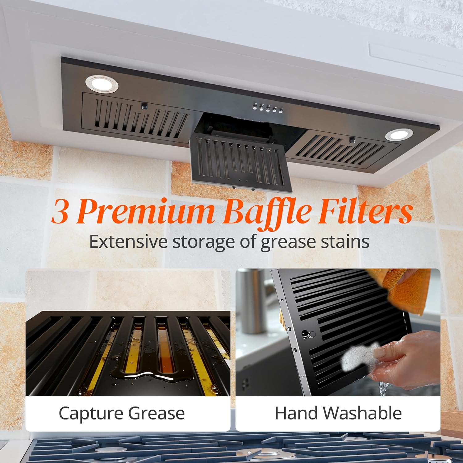 Illustration of grease captured by baffle filters and hand-washing process