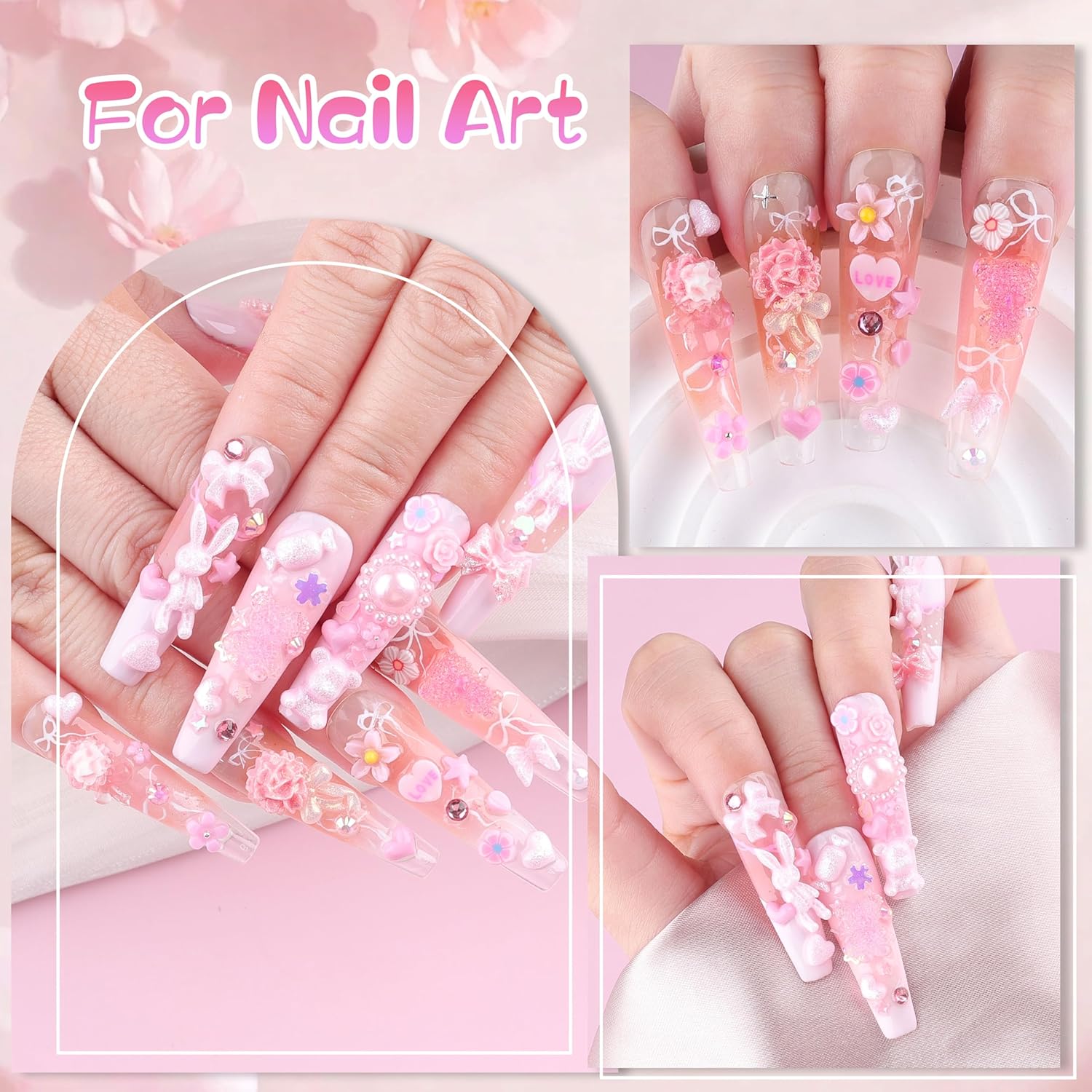 1500Pcs 3D Nail Charms for Acrylic Nails, Resin Butterfly Flower Star Heart Bow Charms Flatback Pearls Rhinestone Metal Gems Charm for Nail Art Design DIY Crafts (1500Pcs-Pink)