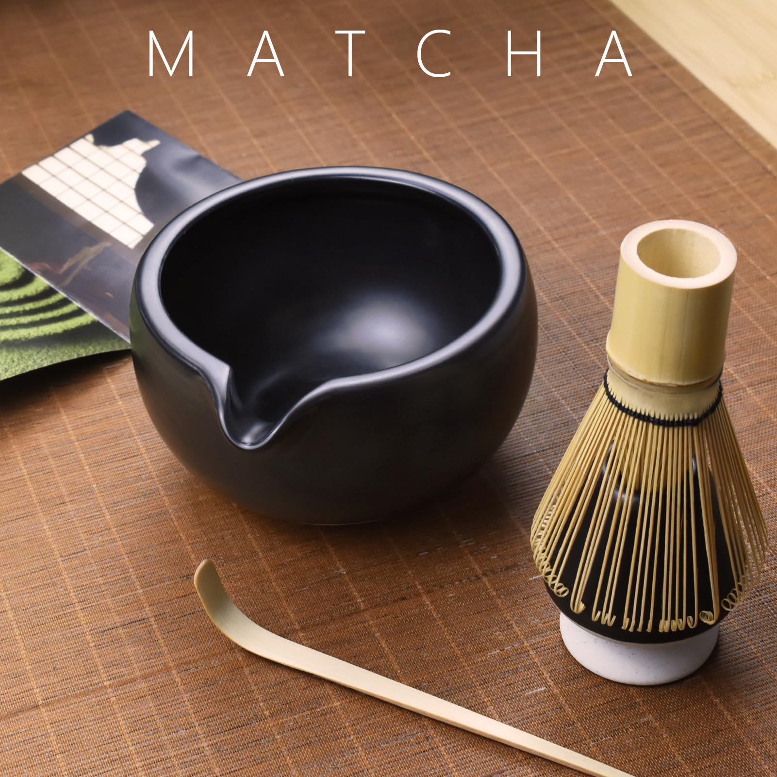 Artcome Kit completo per cerimonia del tè Matcha, 7 pezzi, ciotola con beccuccio, frusta, paletta, colino per preparare Usucha, Koicha e Latte (nero)