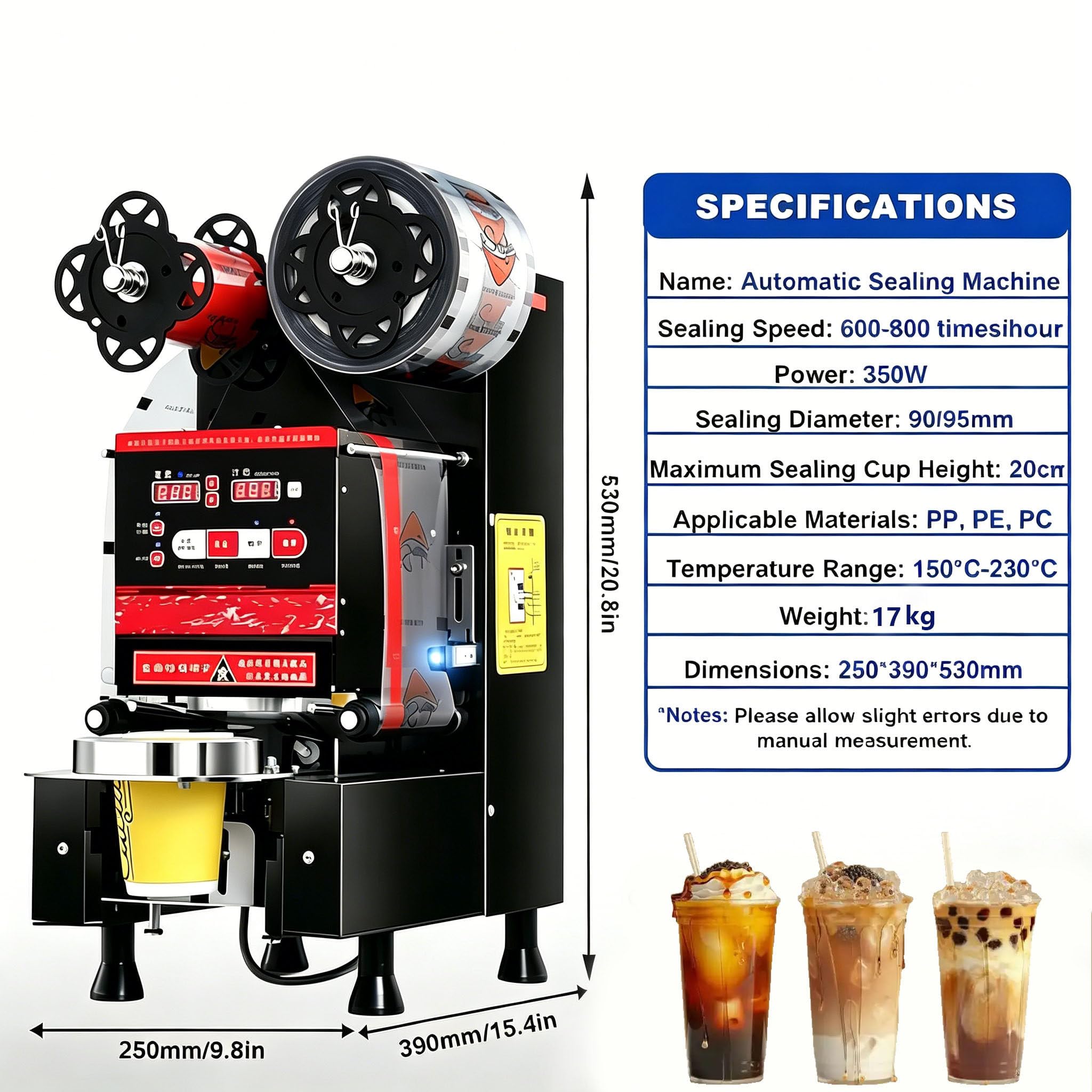Selladora Eléctrica Comercial de Vasos, para Vasos de Papel PP/Pet, 350 W, 600-800 Vasos/Hora, Cafeterías y Tiendas de Té con Leche 110V-Black
