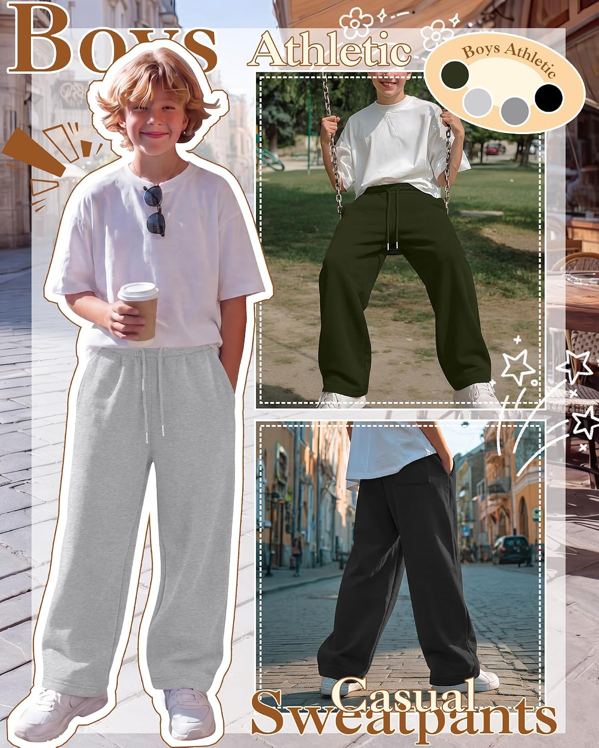 4 Pack Boys Baggy Sweatpants Teen Youth Casual Pants Open Bottom Kids Athletic Drawstring Joggers with Pockets