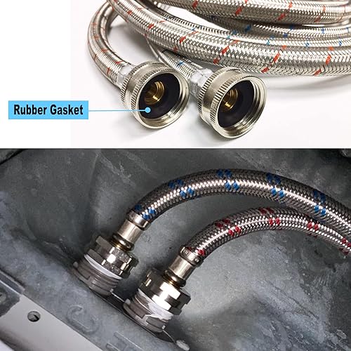 Miniatura 7 de Mangueras largas para lavadora de 15 pies, paquete de 2 mangueras de suministro de agua a rayas calientes y frías, a prueba de explosiones, manguera