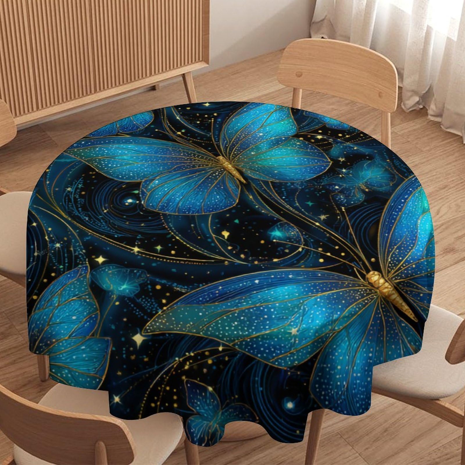 LUYYSKY Elegant Beautiful Butterflies Waterproof Round Tablecloth Romantic Retro Animal Butterfly Blue Gold Pattern Washable Table Cover for Kitchen-177.8" Wx177.8 L cm