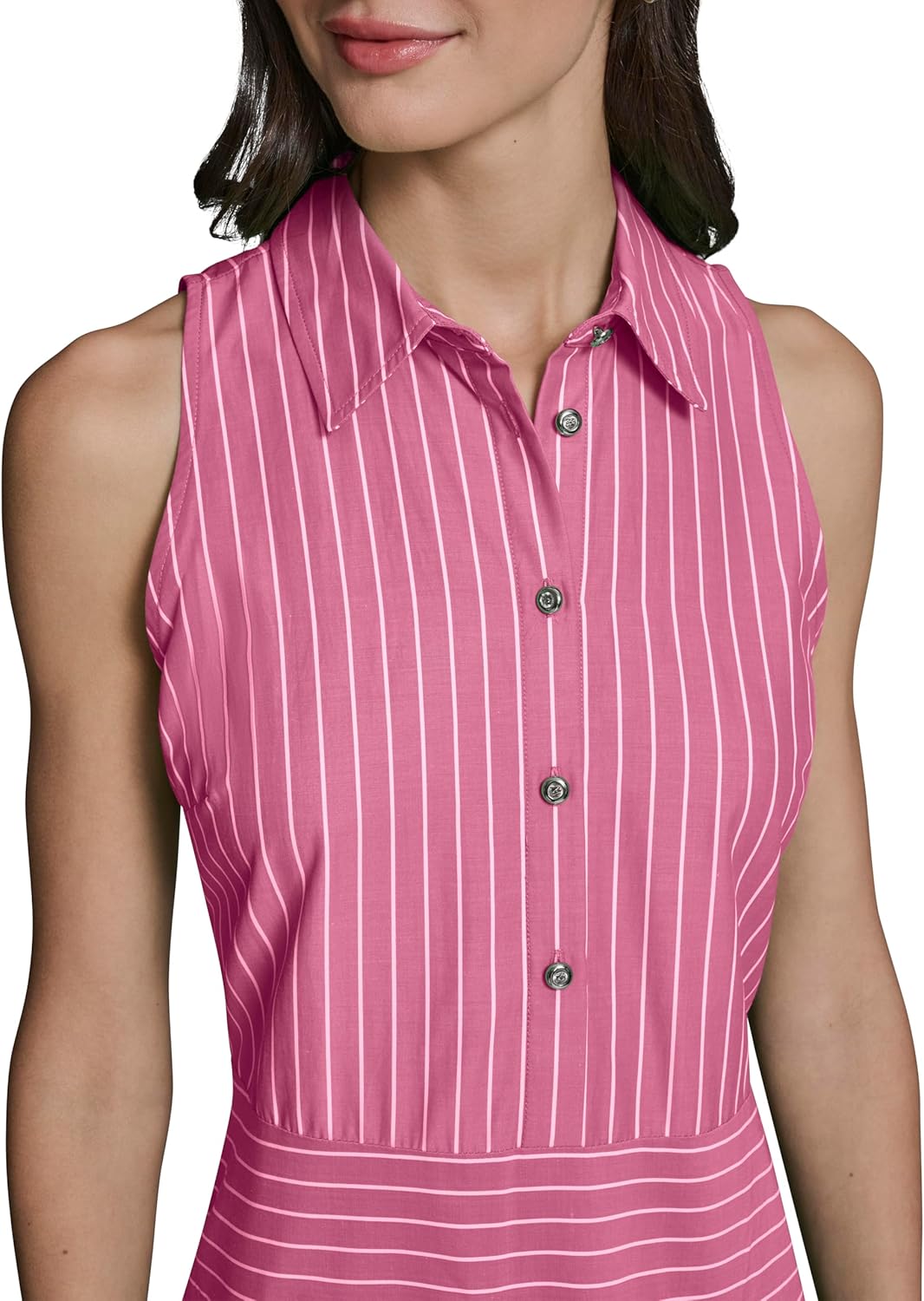Karl Lagerfeld Women's Sleeveless Collared Neck Stripe Shirting Midi Wear to Work Dress