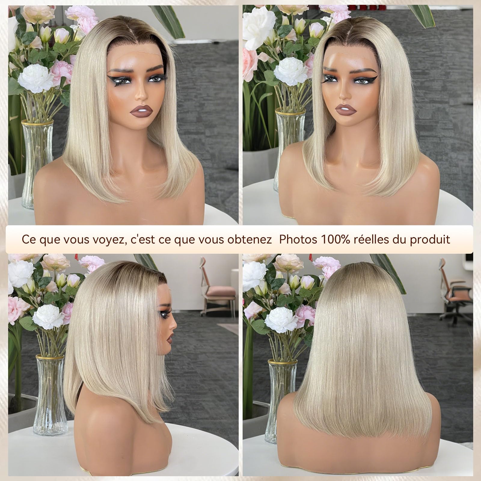 Perruque Bob Court Densité 180% - Cheveux Humains Teinture Balayage Salon Lune Cendrée Ombre Racinaire, Dentelle Nude Améliorée 13x4, Résistante à la Chaleur & Flexibilité de Séparation
