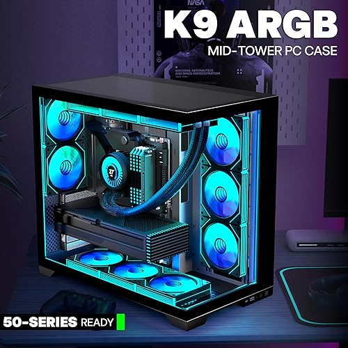 Vista 2 de PC CASE 9 PWM ARGB Ventiladores preinstalados, funda de PC para juegos de media torre, carcasa panorámica de vidrio templado para computadora