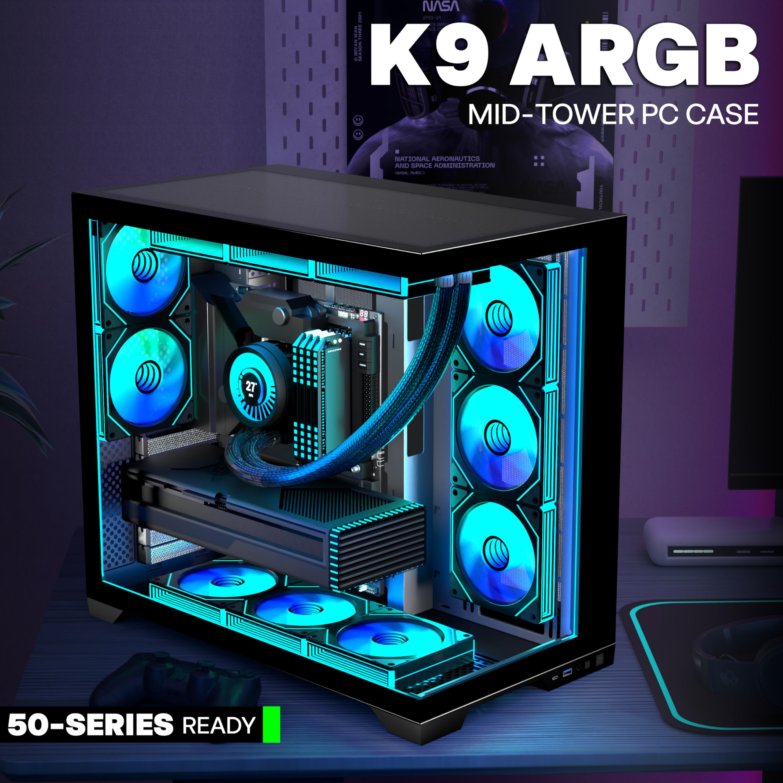 ANSAITE ATX PC-Gehäuse 9×120 mm ARGB PWM-Lüfter vorinstalliert ，Mid-Tower Gaming PC-Gehäuse, Panorama-Gehärtetes Glas Schwarz Computer-Gehäuse mit Typ-C, 360mm Radiator Unterstützung，H-D9 (Schwarz)