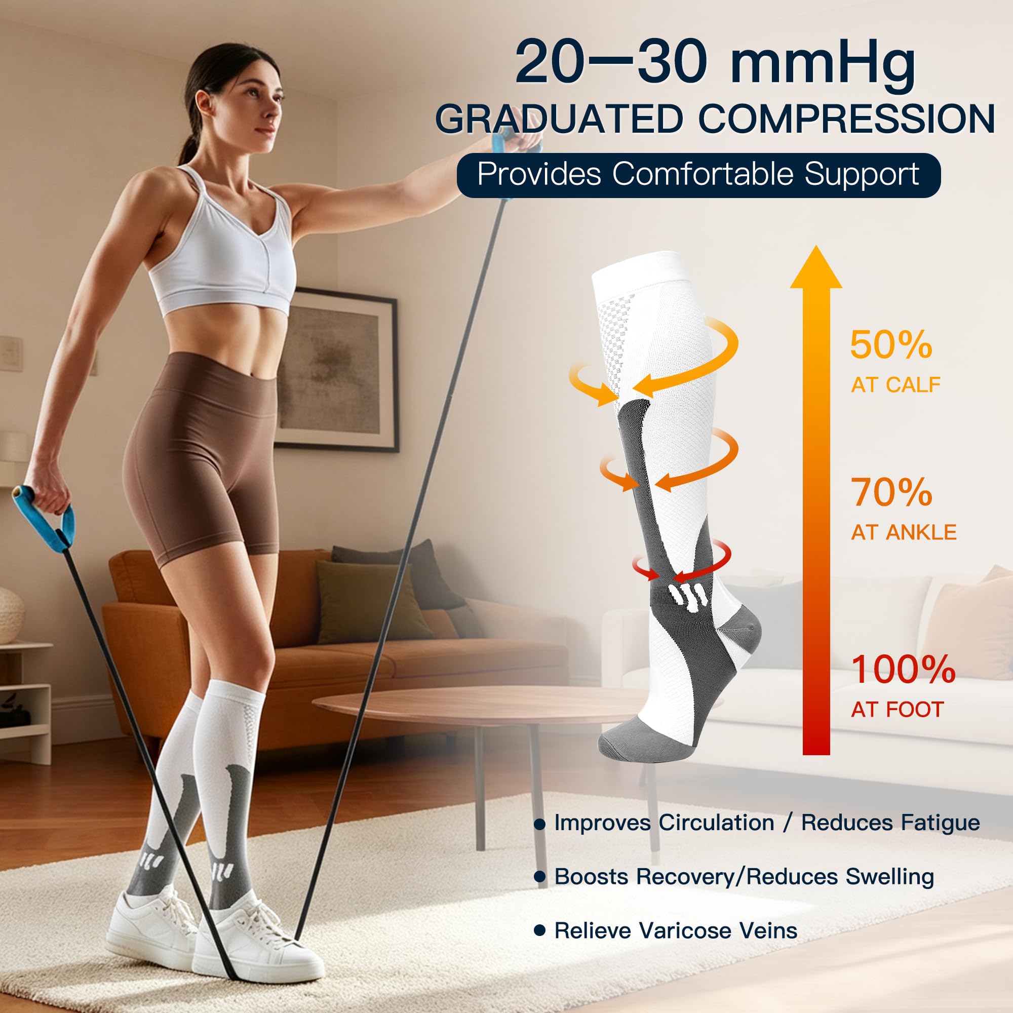 Double Couple Lot de 3 paires de chaussettes de compression pour homme et femme 20-30 mmHg pour sport, course, voyage, infirmières, grossesse