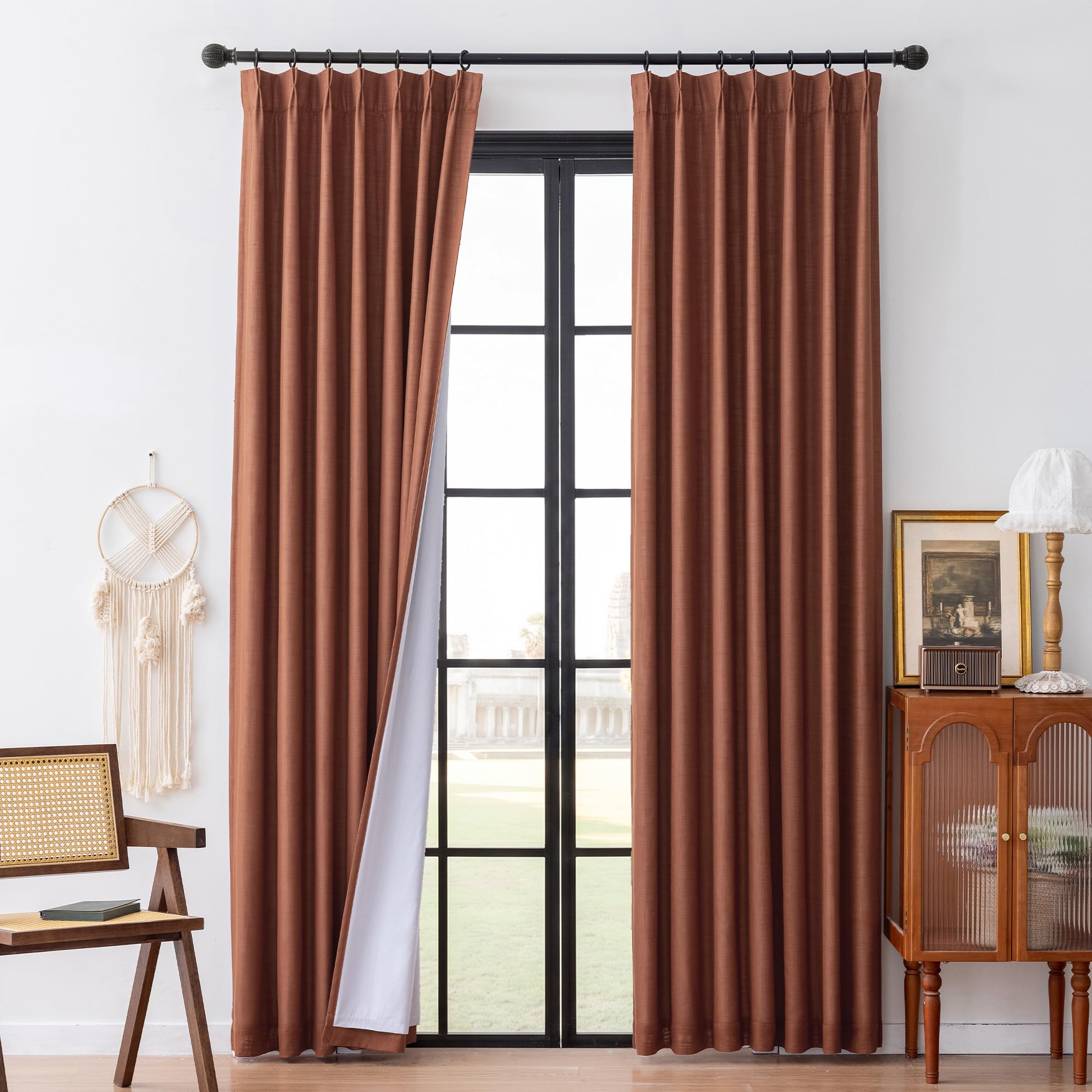 MYSKY HOME Terracotta Linen Pinch Pleated 100% Blackout Curtains,2 Panels