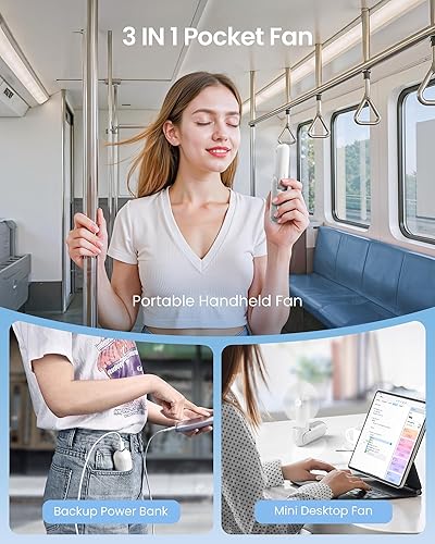 Vista 5 de GAIATOP Portable Handheld Fan, 3 IN 1 Mini Foldable Travel Fans [17H Max Cooling Time] with Power Bank, Pocket Design USB Rechargeable for Travel