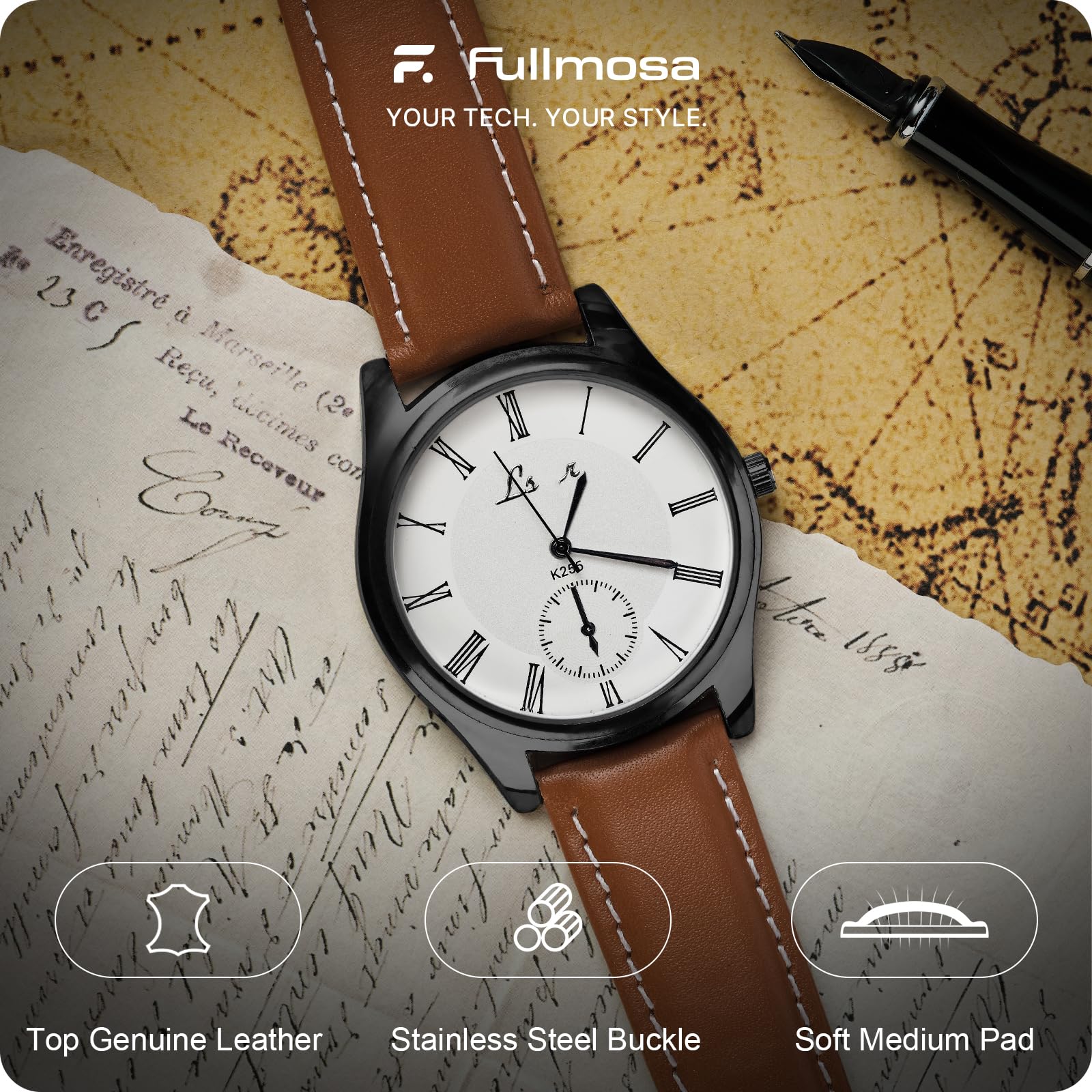 Fullmosa Cinturino in Pelle 22mm, Cinturini per Orologioa Sgancio Rapido per Uomo e Donna, Cinturini di Ricambio per Smartwatch Compatibile con Samsung Galaxy Watch 3 45mm, Marrone + Fibbia Nera