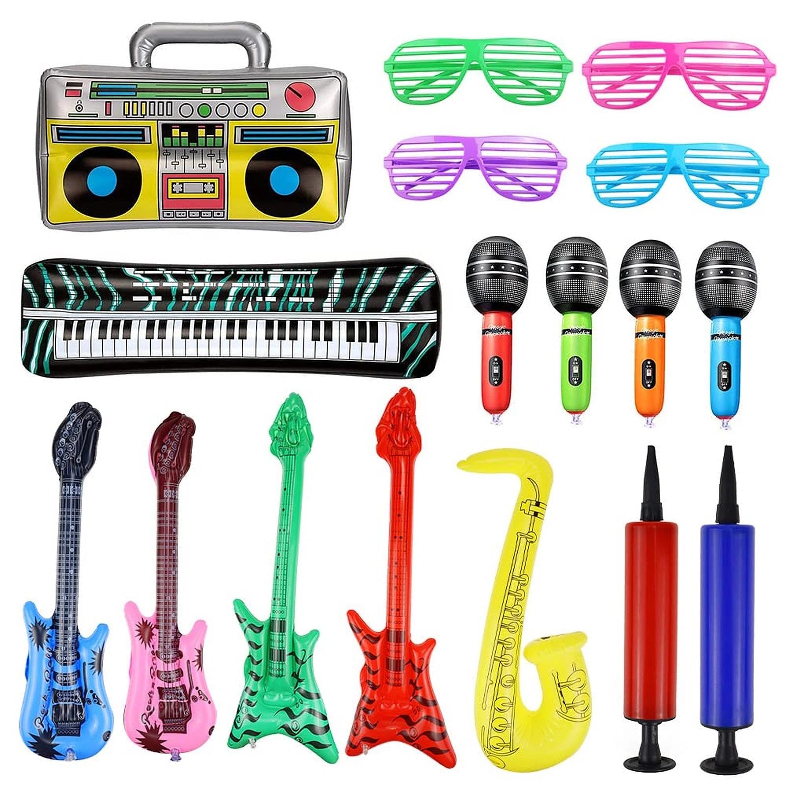 16 Piezas Instrumentos Inflables Rock Colorido Inflable Guitarra Micrófonos Saxofón Inflable Piano Inflable Bajo Inflable Gafas de Radio + Bomba de Aire para Celebraciones Carnaval