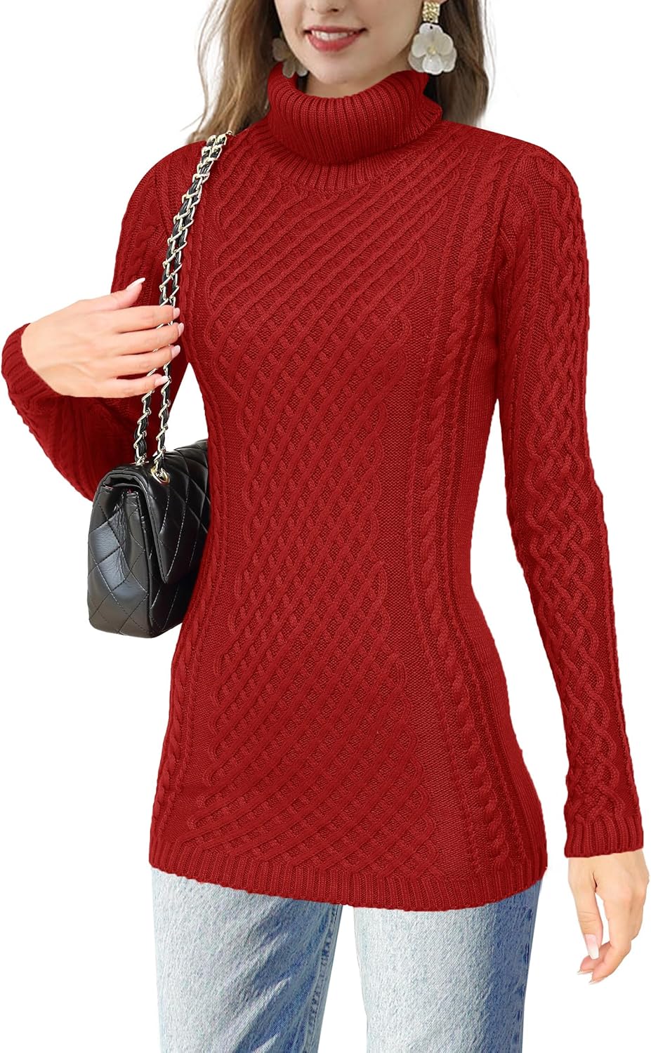 v28 Women's Cotton Turtle Cowl Neck Aran Fishermen Fair Isle Cable Knit Sweater
