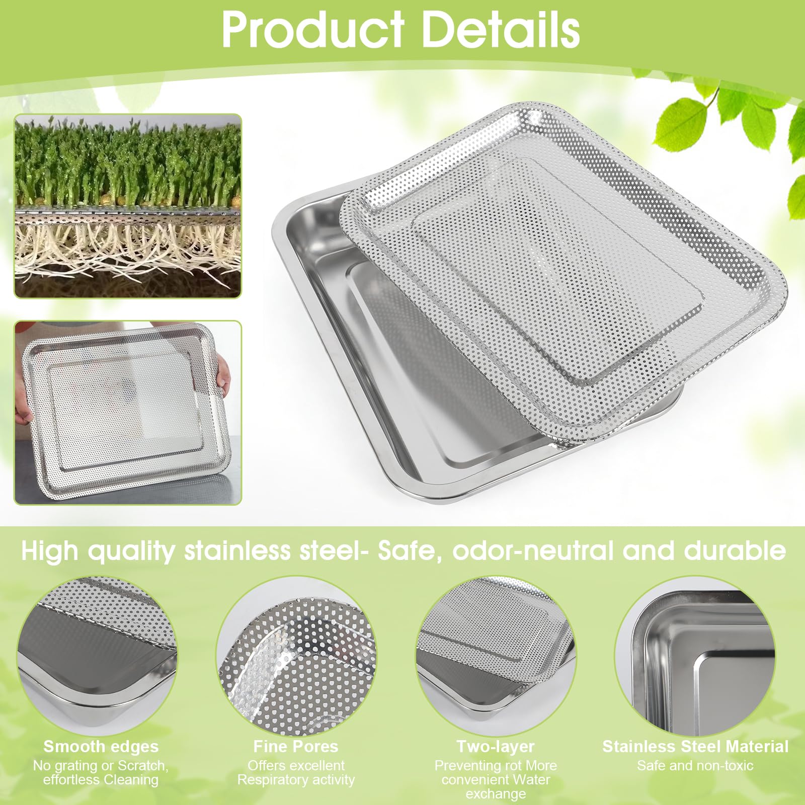 2er Set Sprossen-Anzuchtset mit Edelstahlsieb, 32x22 cm Keimschalen Set zur Anzucht von Sprossen, Katzengras, Kresse & Microgreens, Profi Wiederverwendbare Hydrokultur-Anzuchtschale,Kresseschale