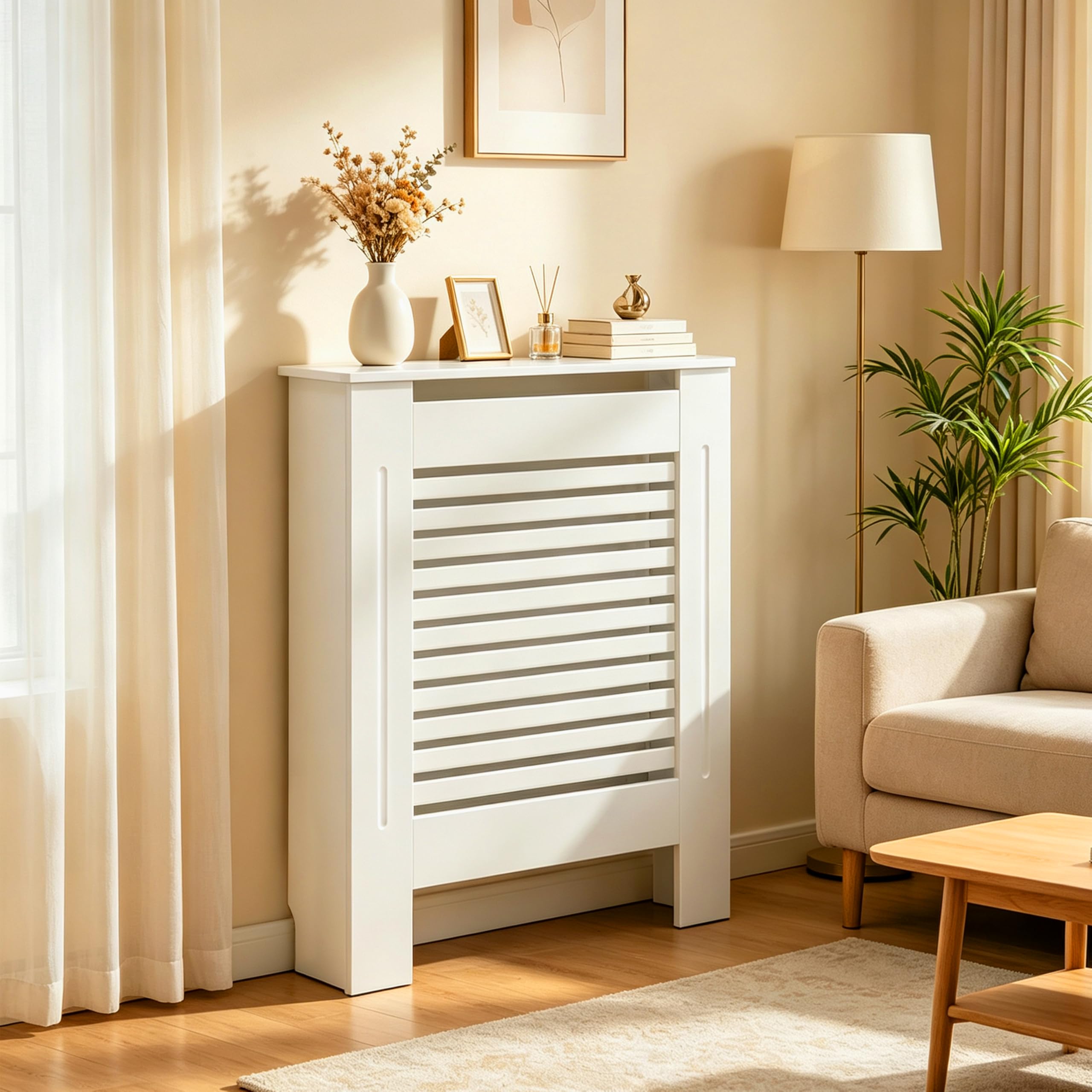 FATIVO Heizkörperverkleidung Hohe Heizkörperabdeckung Horizontal Holz 101×78×19 cm Weiß aus MDF lackiert Landhausstil Heizungsverkleidung Hoch für Schlafzimmer Wohnzimmer Büro Heizkörper Abdeckung