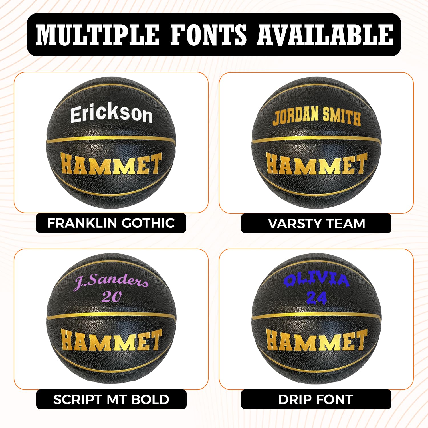 HAMMET Personalized Basketball (Black and Gold) – Customized Basketball with Your Name or Text – Ideal Gift for Son, Daughter, Boy or Girl (28.5