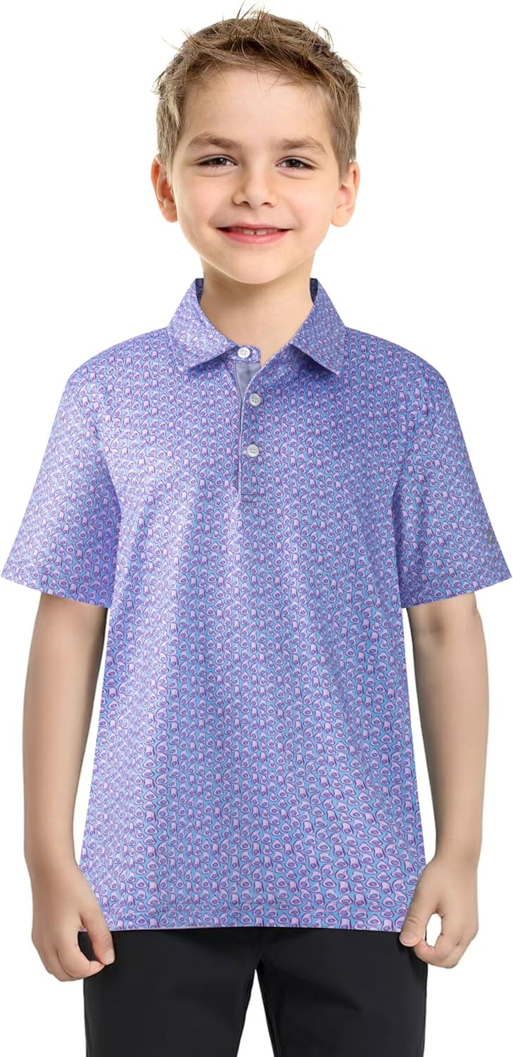 Boys Polo Shirt Short Sleeve Performance Dry Fit Stretch Funny Print Active Casual Collared Golf Shirts for Boy