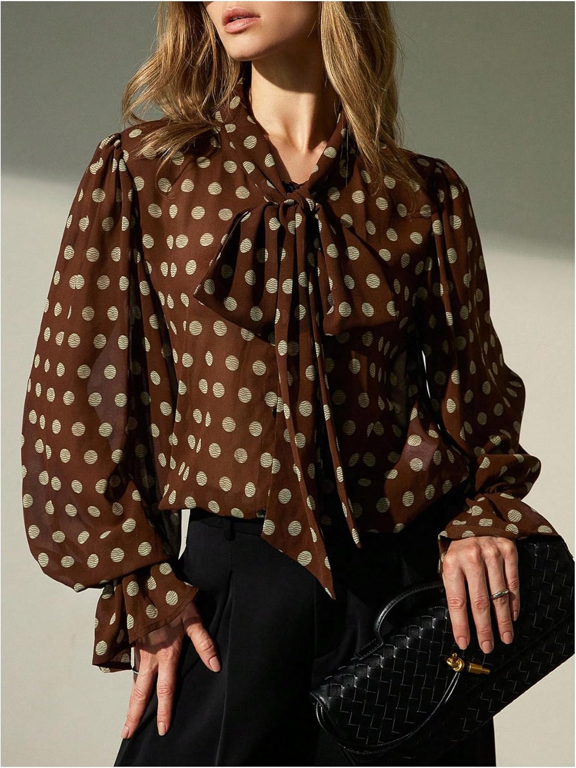 SweatyRocks Women's Bow Tie Neck Ruffle Long Sleeve Blouses Polka Dots Print Loose Shirt Top - Image 3