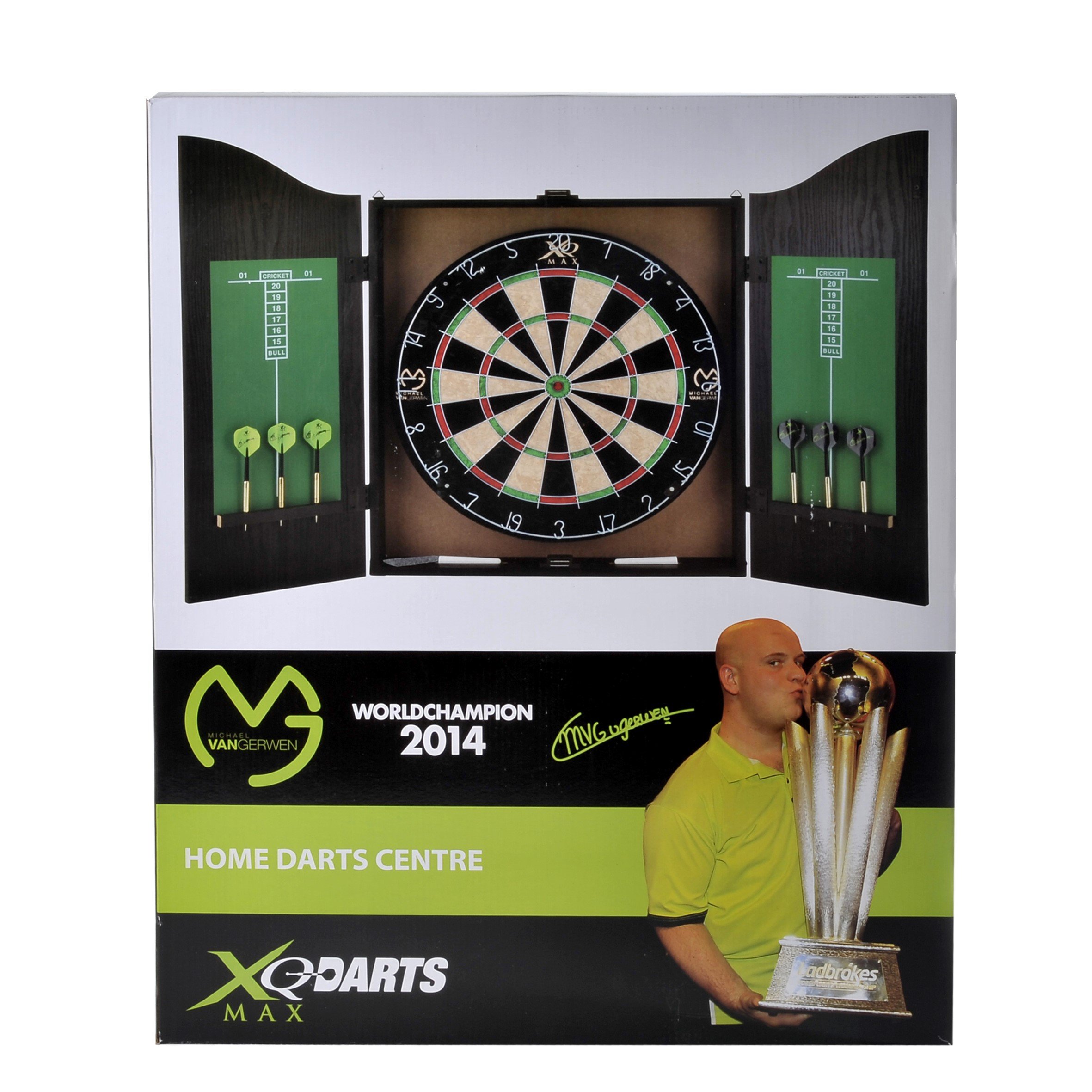 XQMAX Home Dart Center Michael van Gerwen, inkl. Sisal Dartboard, 6 Steel Dart, Kreide und Wischer