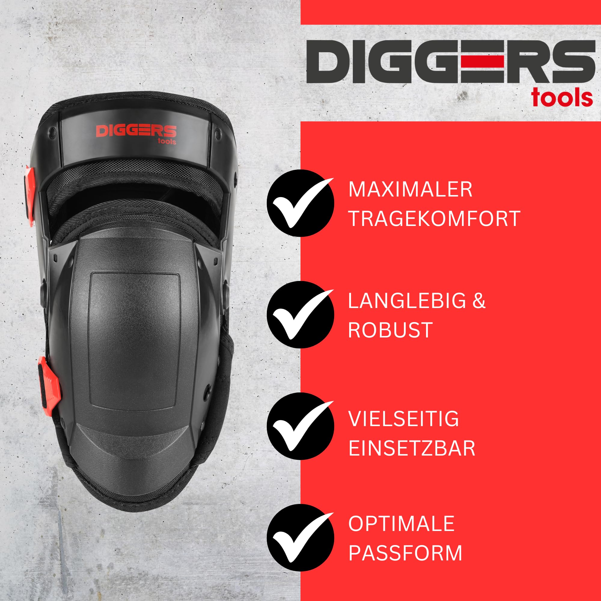 Diggers Tools Komfort Knieschützer mit Gelkissen [Perfekter Halt] Profi Kniepolster für Handwerker - Knieschoner Arbeiten - perfekt für Baustelle, Fliesenleger, Knee Pads, Knieschoner Arbeit