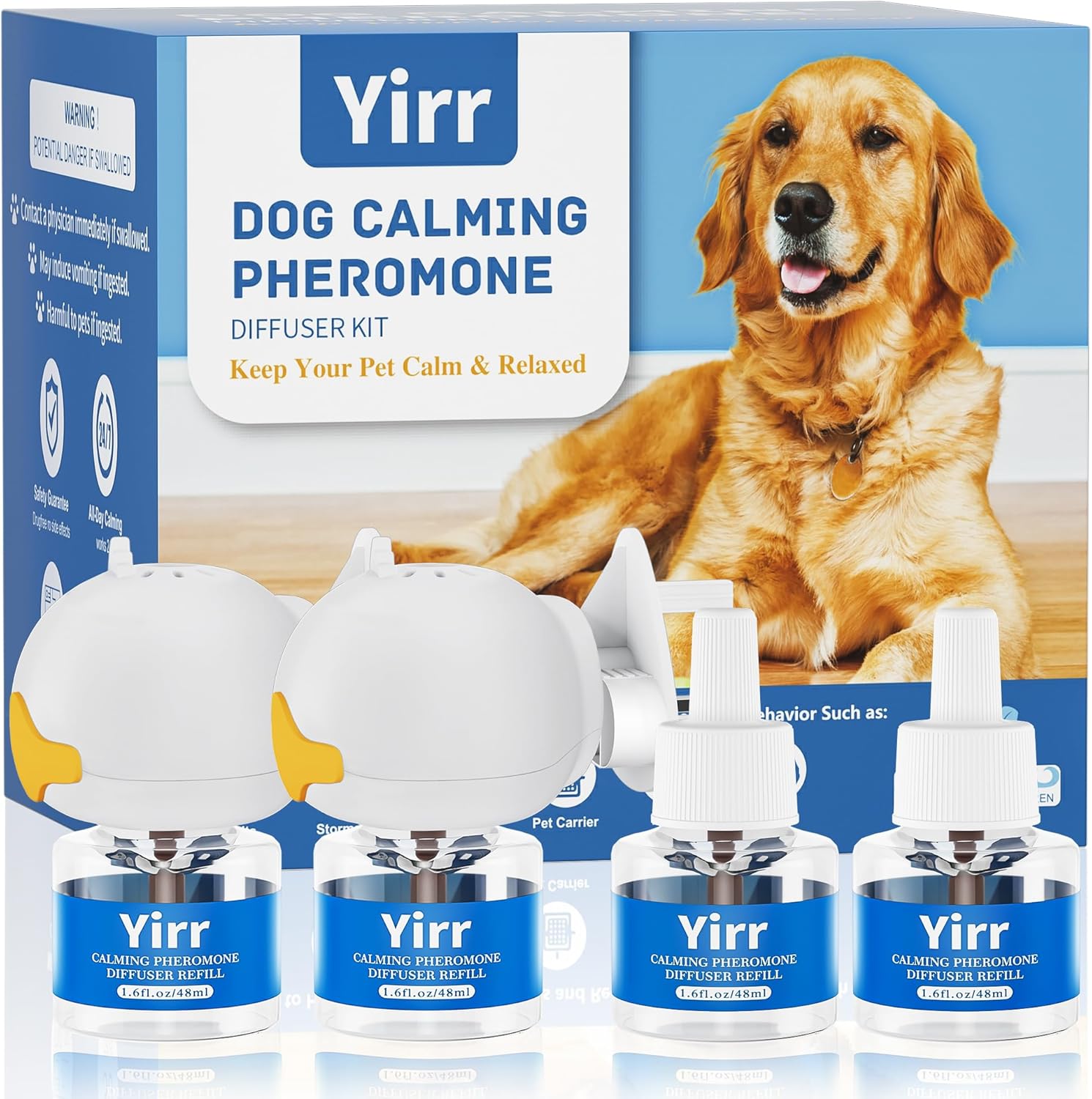 Dog Calming Plug-in, Relaxants & Anxiety Relief for Dogs, 6-in-1 Dog Pheromones Calming Diffuser Kit, Relaxing Pheromone for Dogs Relief Stress Anxiety Fighting Scratching, 2 Diffuser 4 Refills(48ml)