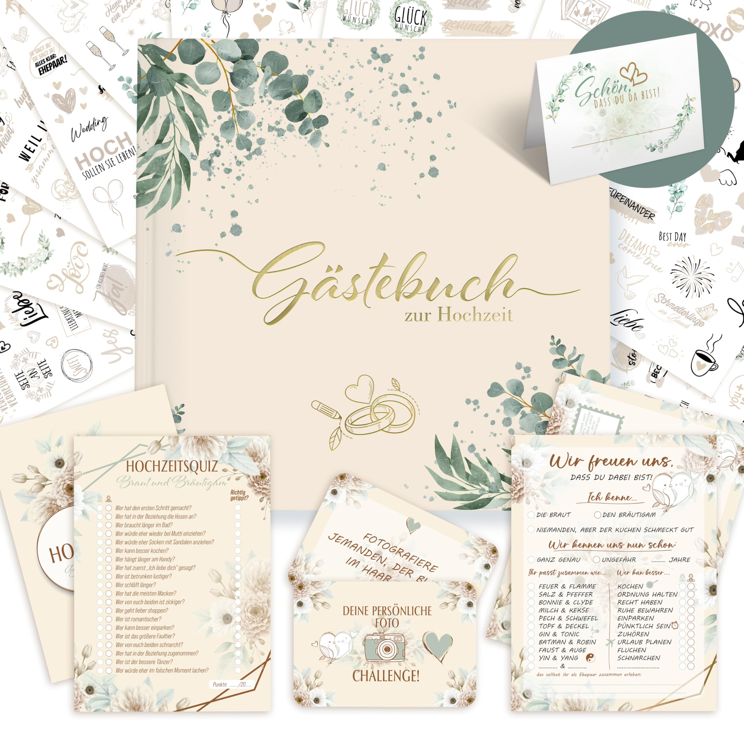 colortouch Gästebuch Hochzeit mit Fragen 104 Seitenzum Ausfüllen, Aufkleber Hochzeit, Hochzeitsspiel mit 70 Fotoaufgaben, 50 Hochzeitsquiz, 52 Postkarten 10 Blatt Hochzeitssticker, 50 St Tischkarten