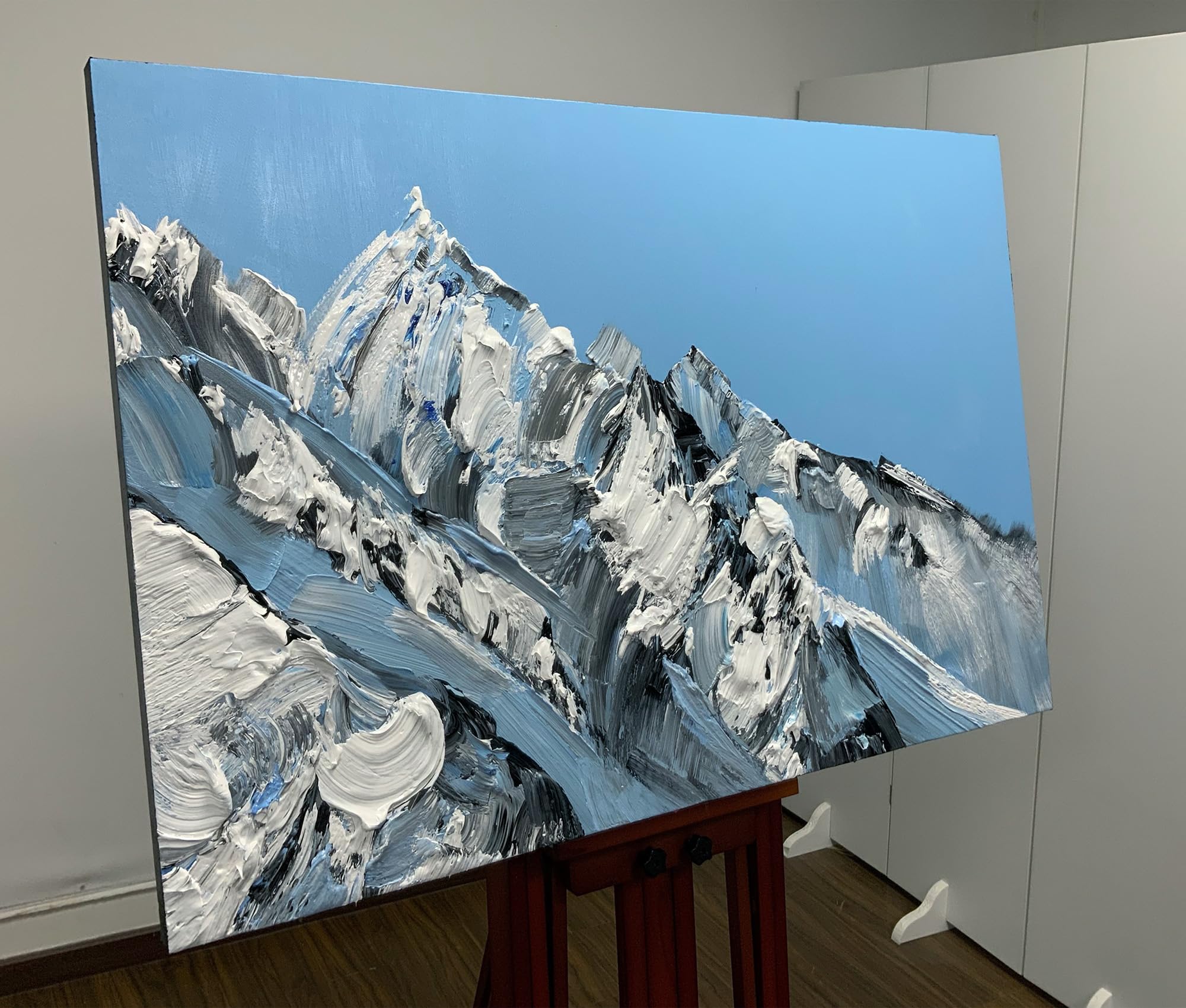 V-inspire Art, 30x45 inch Wall Art Hand-Painted Framed Snow Mountain Oil Painting On Canvas Modern Nature Artwork for Living Room Bedroom Décor Blue Mountain range Ready to Hang