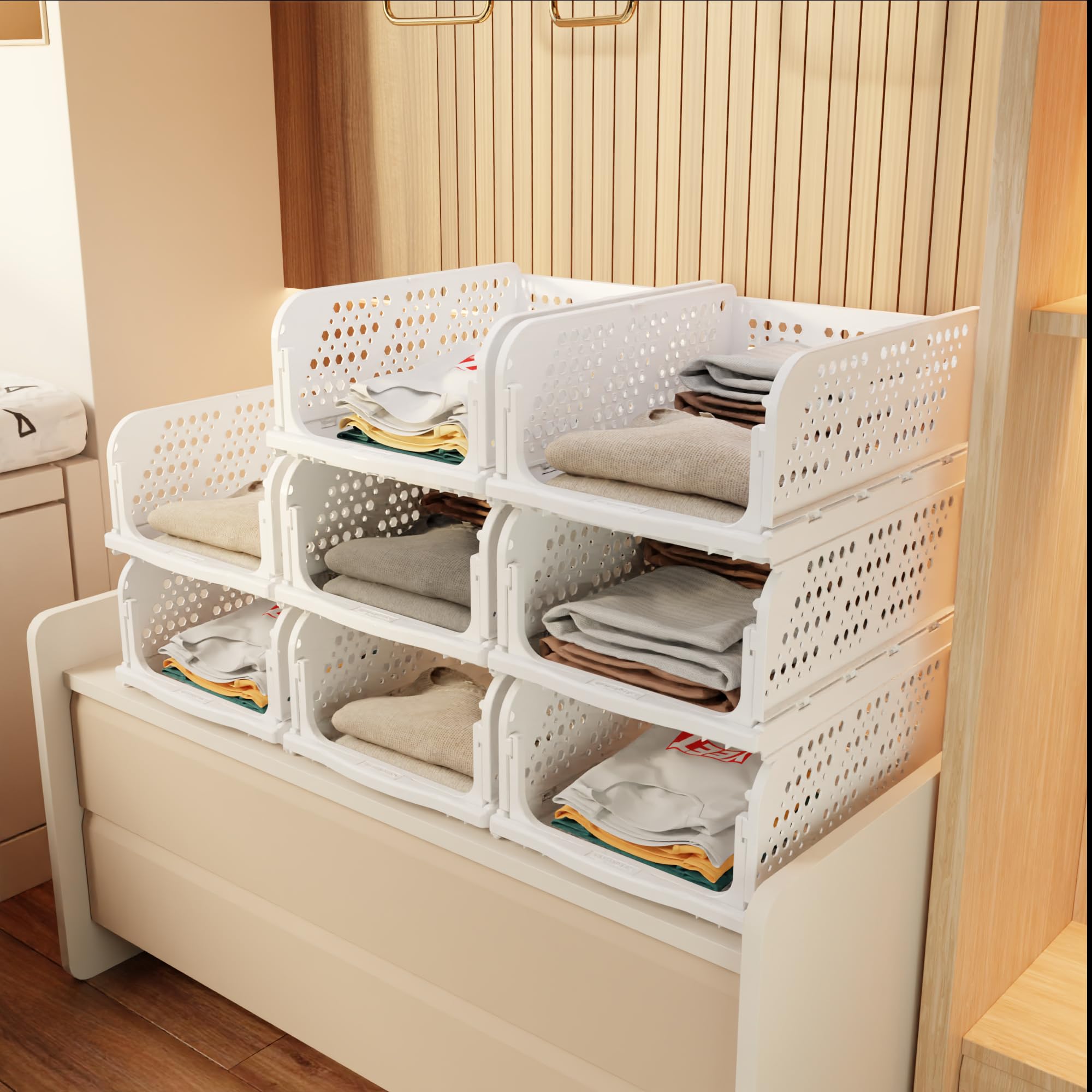 amazon basics plastic Clothes Organizer for Wardrobe|Foldable & Stackable Closet Organizer| Foldable Shirt Storage Stacker for Wardrobe, 8 Pieces, White, Drawer Organizers, 33L x 44W x 19H cm