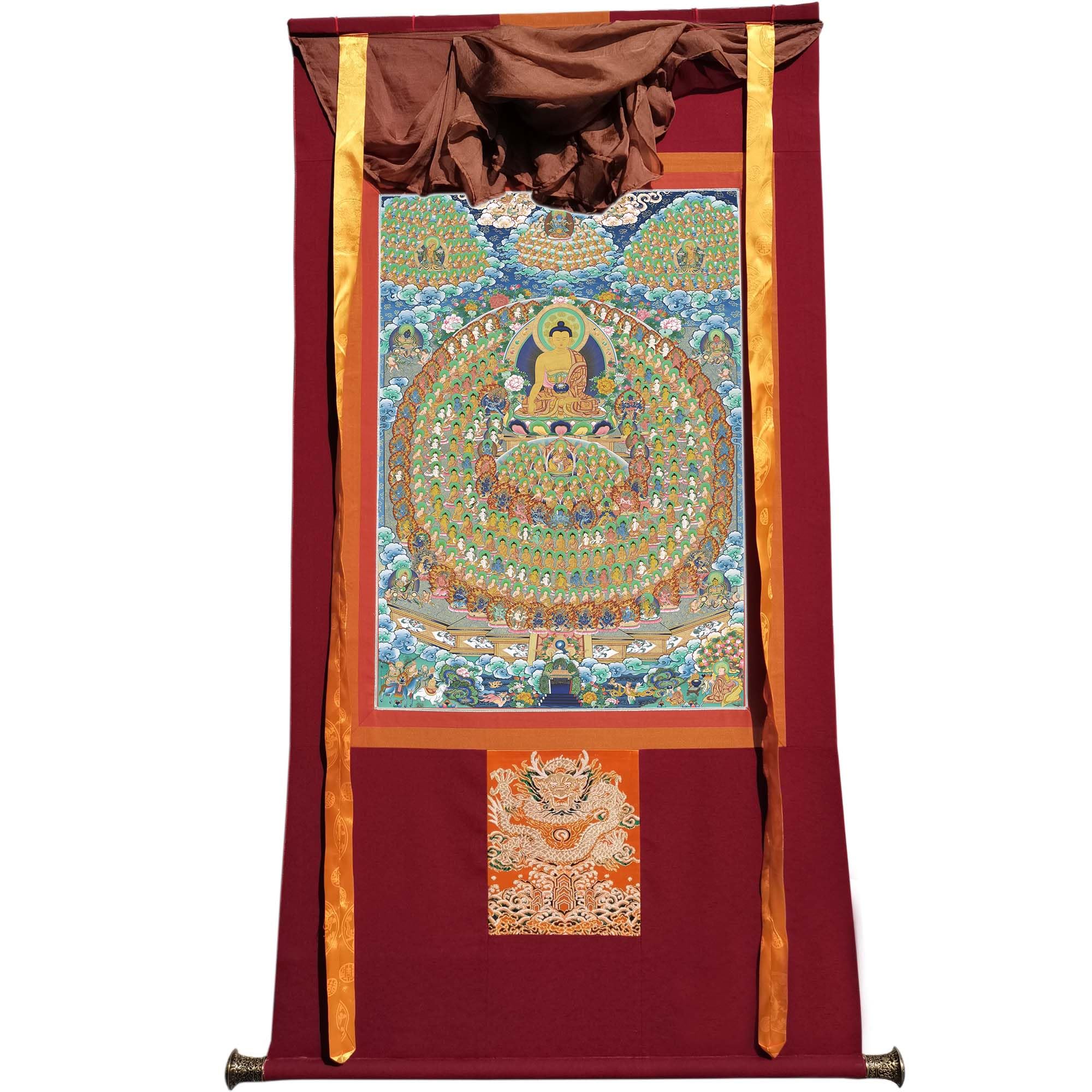 Gandhanra Tibetische Thangka-Kunst–Shakyamuni Zufluchtsbaum Thangka–Hochauflösender Digital-Giclée-Druck und doppelt handgerahmt - Buddhistische Wandbehang-Tapisserie - 47" x 32"