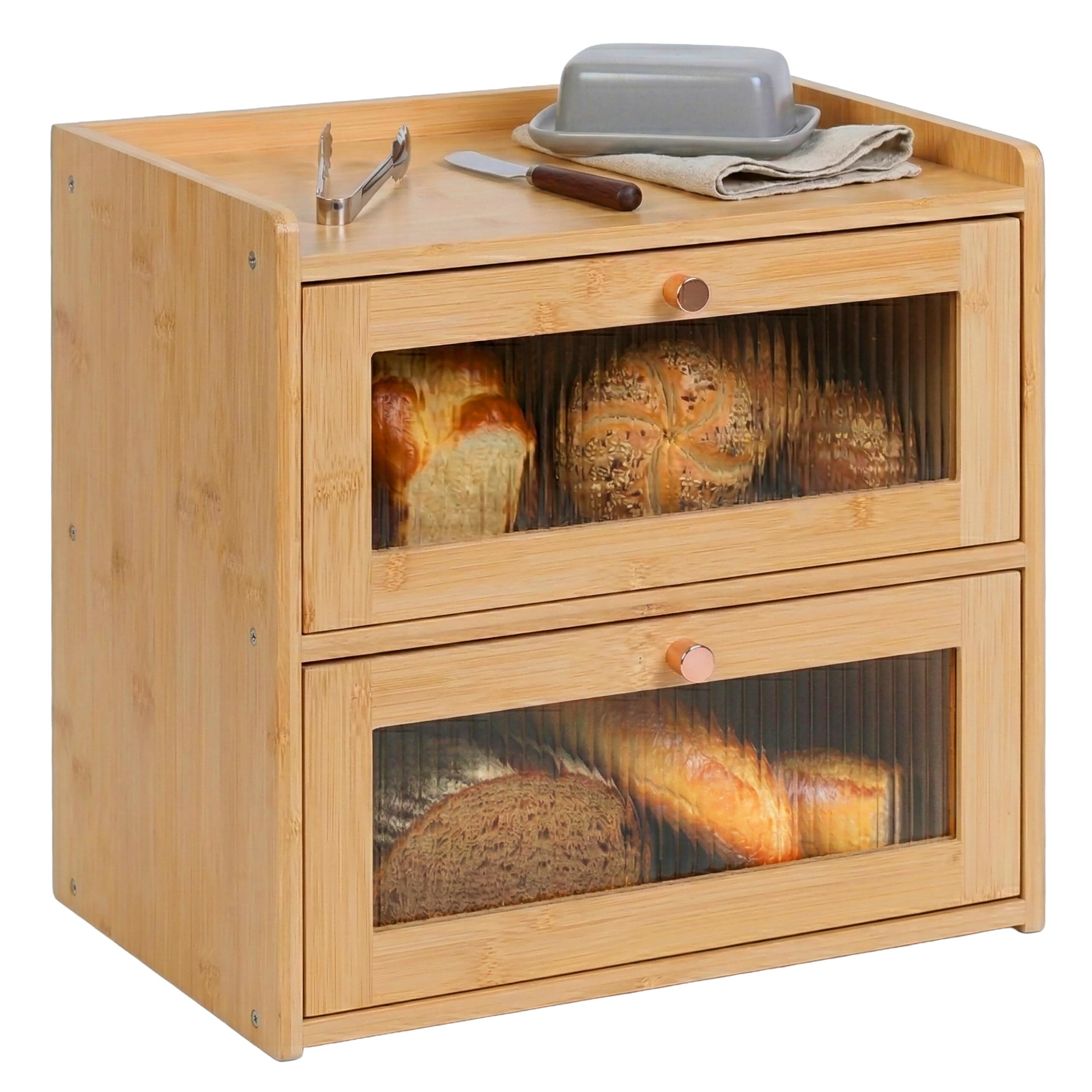 Relaxdays Panera de bambú, 2 estantes, con Ventana, Puertas abatibles, Altura 34 x 36,5 x 24 cm, Color Natural