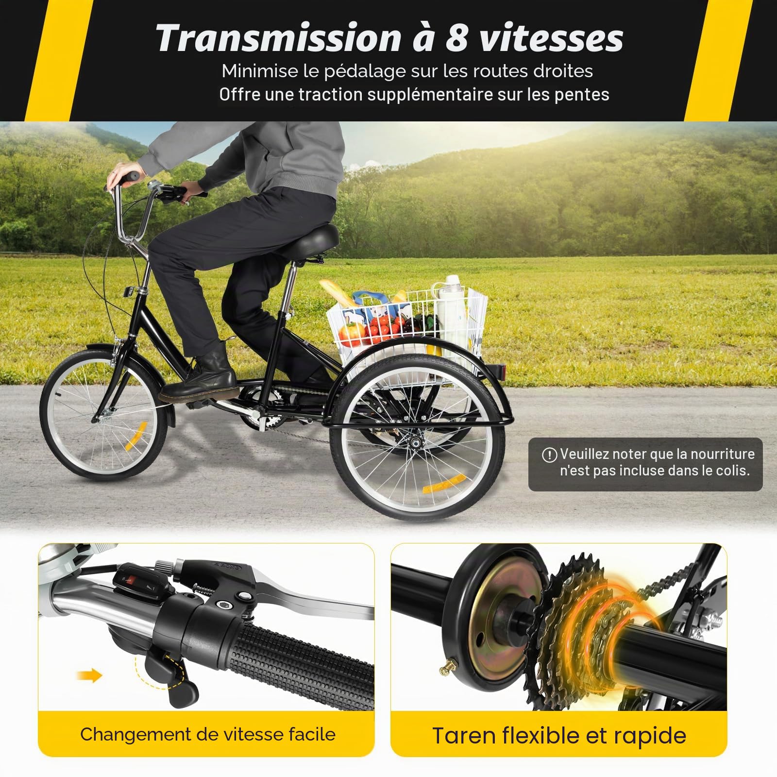 Tricycle de 20 pouces pour adulte - 8 vitesses - En acier au carbone - Peut supporter 110 kg - 3 roues - Avec panier à provisions - Tricycle pour personnes âgées (155-180 cm)
