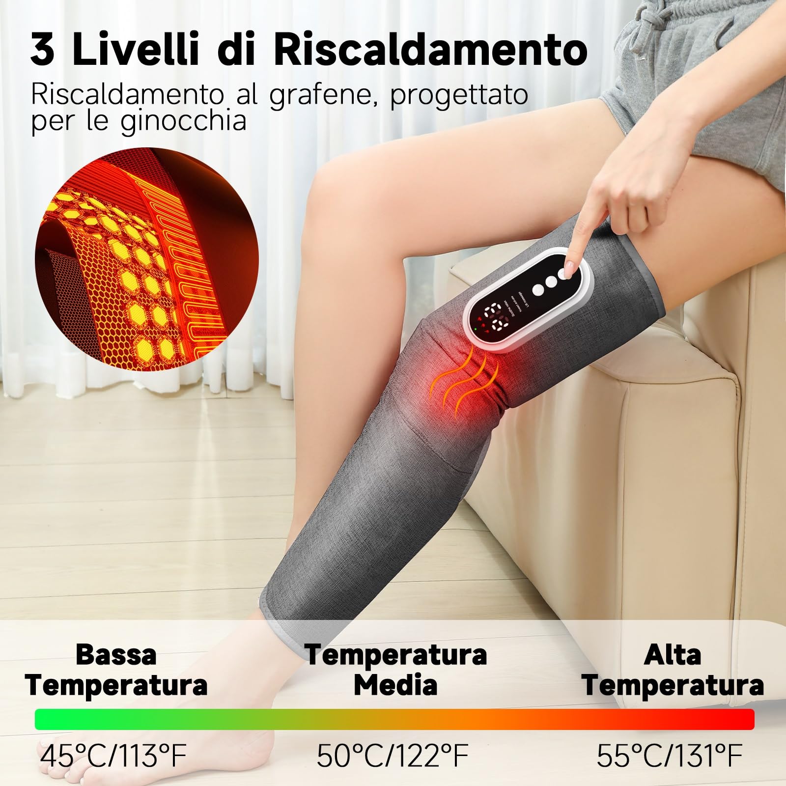 Massaggiatore per Gambe Senza Fili, Massaggiatore Airbag con 3 Modalità, Intensità, Riscaldamento del Ginocchio, Terapia Compressiva di Drenaggio Linfatico con Timer di 15 Minuti (grigio 1)