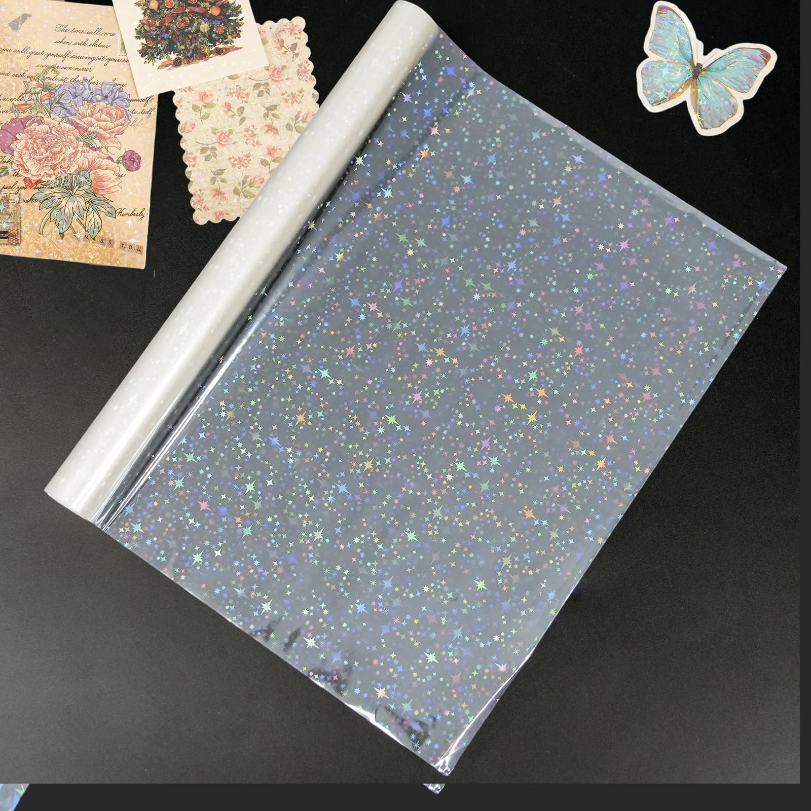 4Pcs BOPP Holographic Precoated Film 8.6x196.8inch Star Pattern Clear Waterproof Scratch-Proof Thermal Laminating Film Roll Compatible with Laminators for Photos Scrapbooking Card Making Paper Project