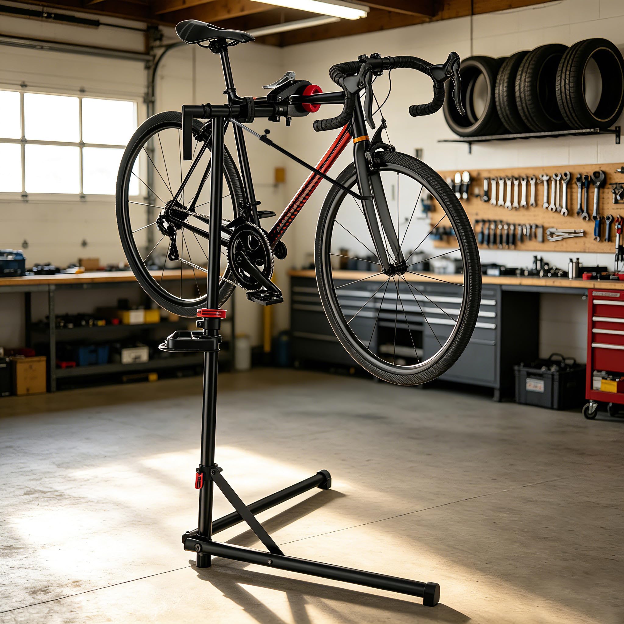 Caballetes para bicicletas, Soporte reparación bicicletas con base bajo centro gravedad estable, bandeja magnética herramientas, cabezal giratorio 360°, plegable, carga máxima 30 kg
