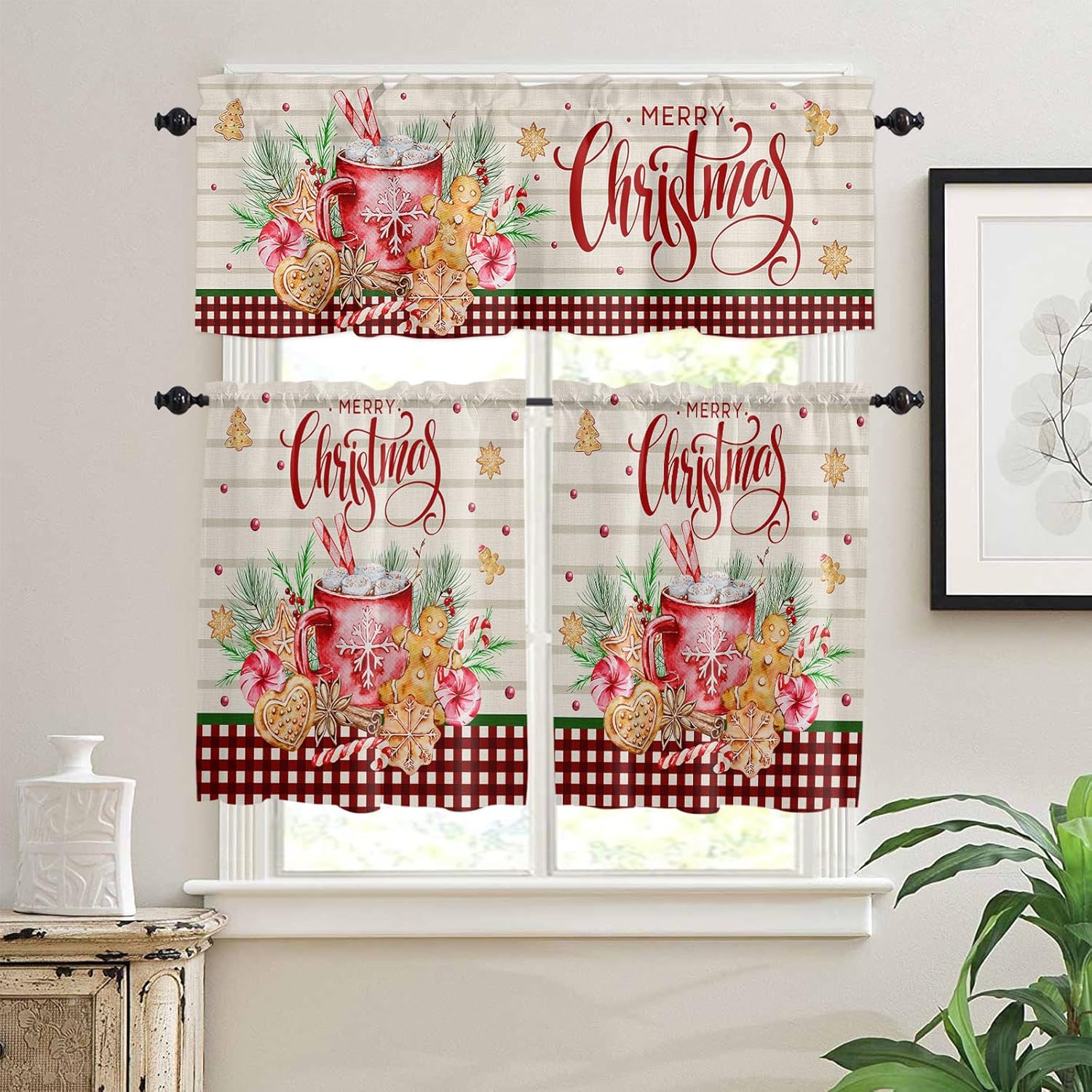 Merry Christmas Kitchen Window Curtain Set with Tiers and